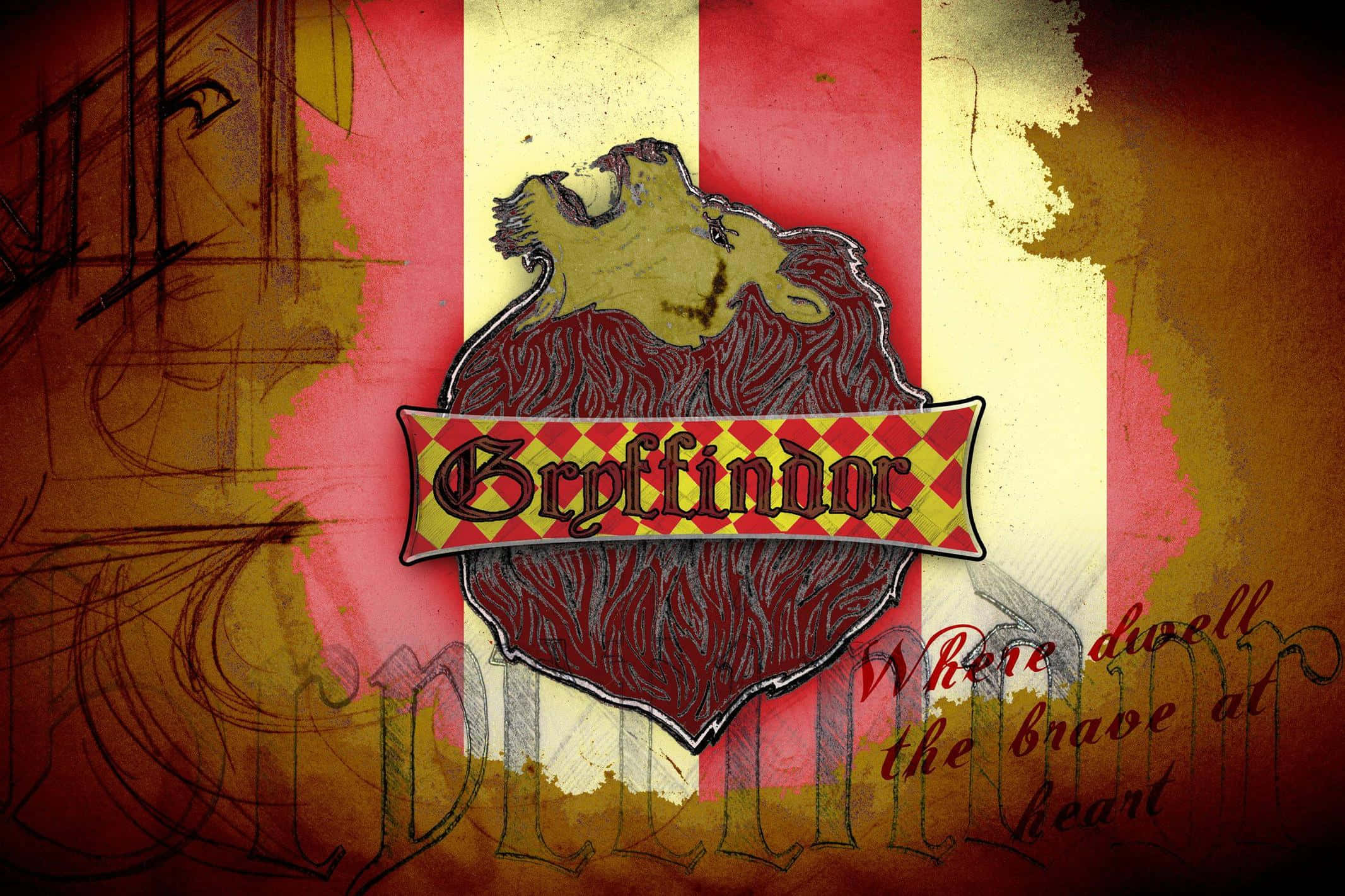 Harry Potter Gryffindor 桌布 壁紙 — 一個經風化的葛萊芬多徽章，上面有獅子和紅金條紋，背景帶有紋理。