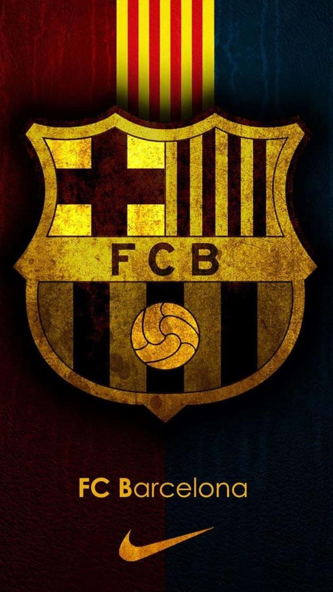 Nike Logo 桌布 壁紙 — 一個經風化的金色FC巴塞隆納徽章，中間有一個足球，位於黑色和黃色條紋上，背景為紅藍分區紋理。