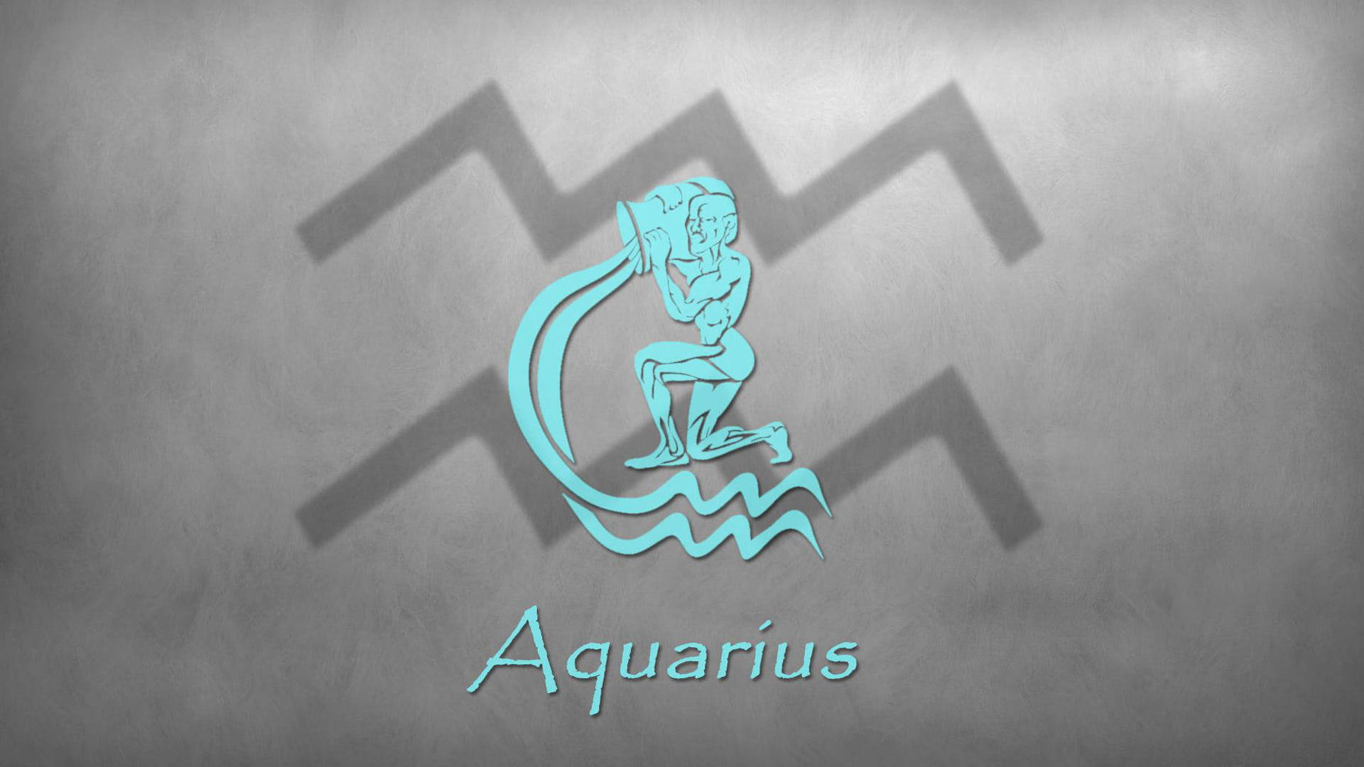 aquarius 桌布 壁紙 — 一個綠松色水瓶座星座符號，有一個跪著倒水的人物，投射在有紋理的灰色牆上的陰影中。