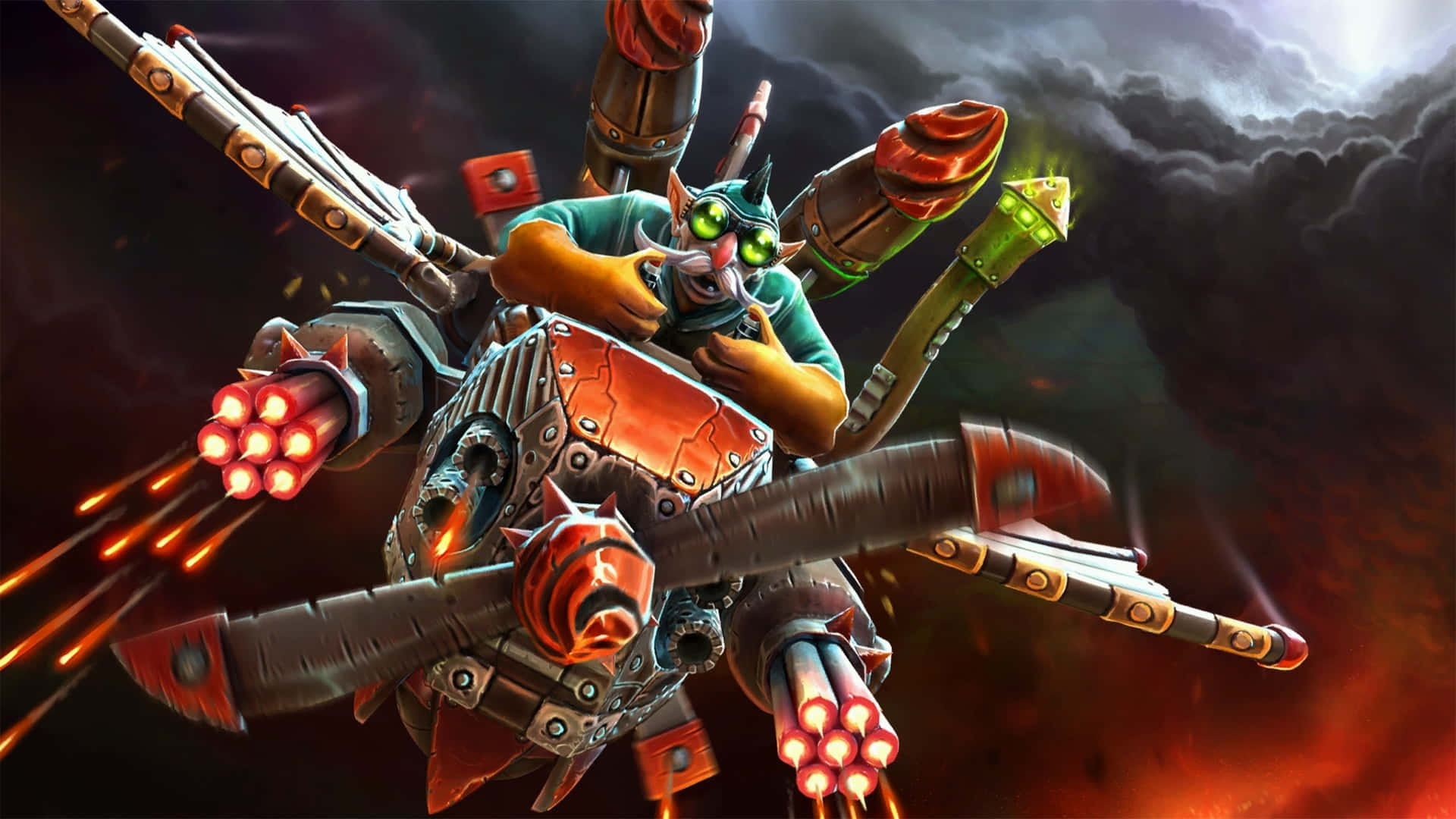 Dota 2 Heroes 桌布 壁紙 — 一個綠眼睛的哥布林飛行員在機械飛行器中向暴風雨的天空發射發光的大砲。