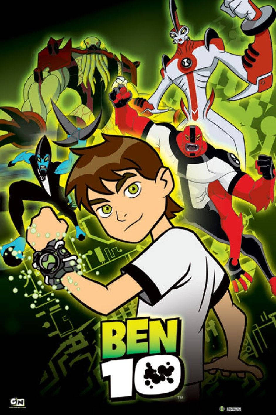 Ben 10 桌布 壁紙 — 一個綠眼睛的小男孩拿著發光的手錶，被他的彩色外星超級英雄形態包圍，背景是霓虹綠色電路。