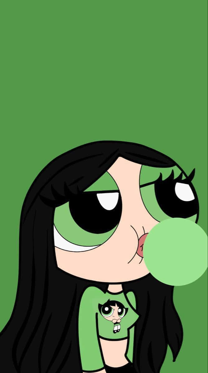 Buttercup Aesthetic 桌布 壁紙 — 一個綠眼睛黑頭髮的卡通女孩在純綠色背景上吹出一個綠色泡泡糖泡泡。