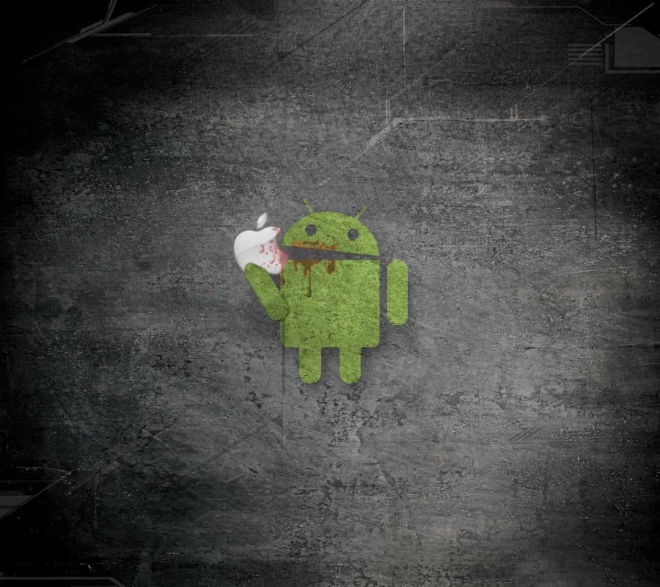 蘋果 桌布 壁紙 — 一個綠色Android吉祥物，嘴裡叼著一個血淋淋的Apple標誌，站在粗糙的深色混凝土牆前。