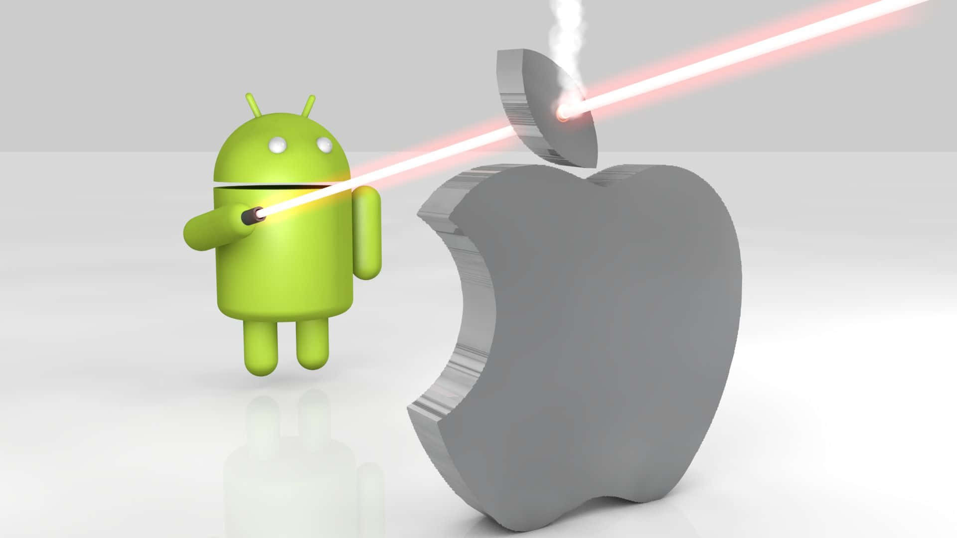 Apple Android 桌布 壁紙 — 一個綠色Android吉祥物在簡約工作室環境中向金屬Apple標誌發射紅色雷射。