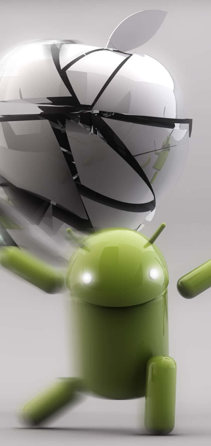Apple Android 桌布 壁紙 — 一個綠色Android吉祥物在簡約工作室場景中跑過一個破碎的玻璃Apple標誌。