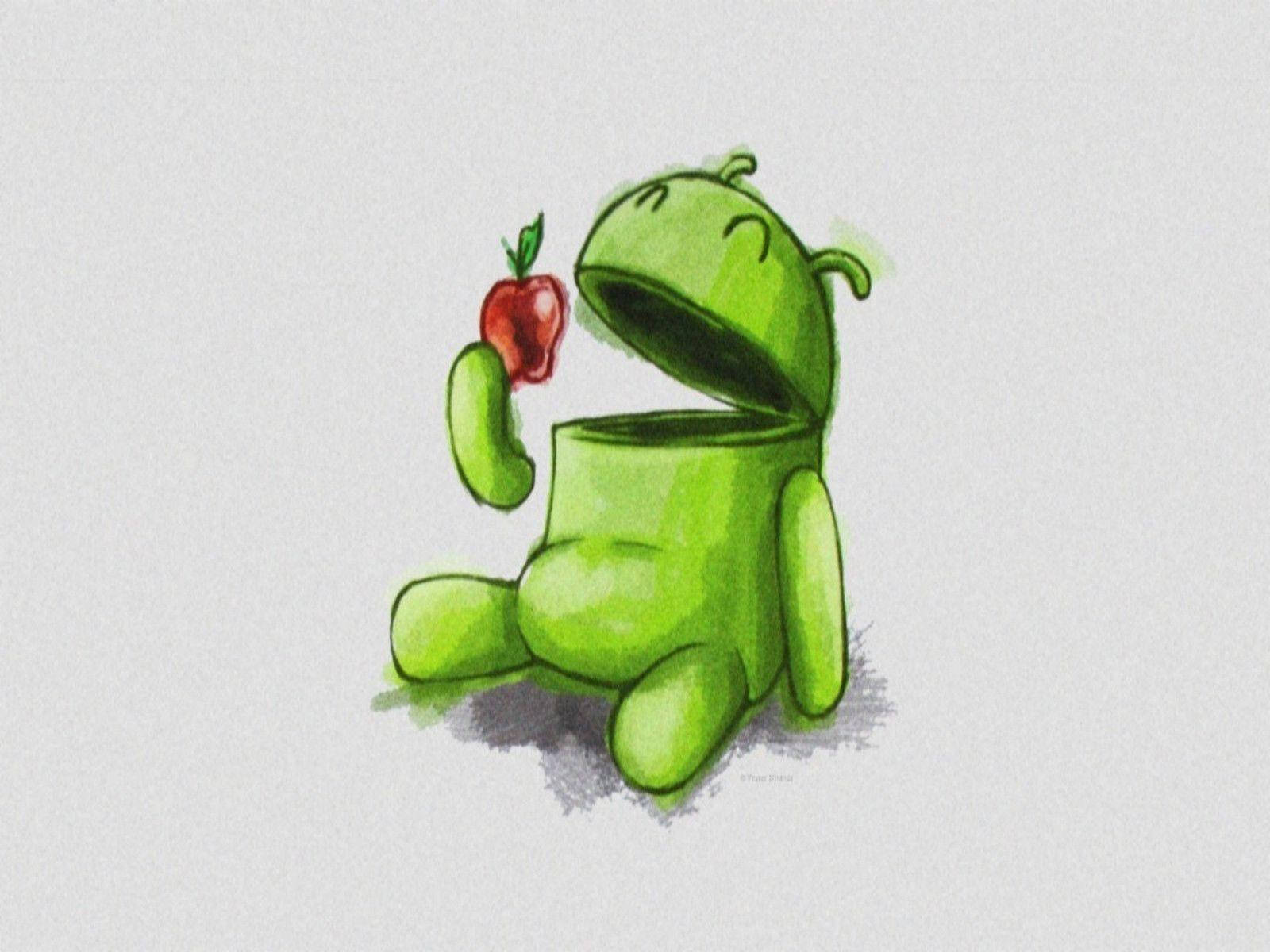 Sketch Art 桌布 壁紙 — 一個綠色Android吉祥物坐在純色背景前，手持一個紅蘋果，表情愉快。