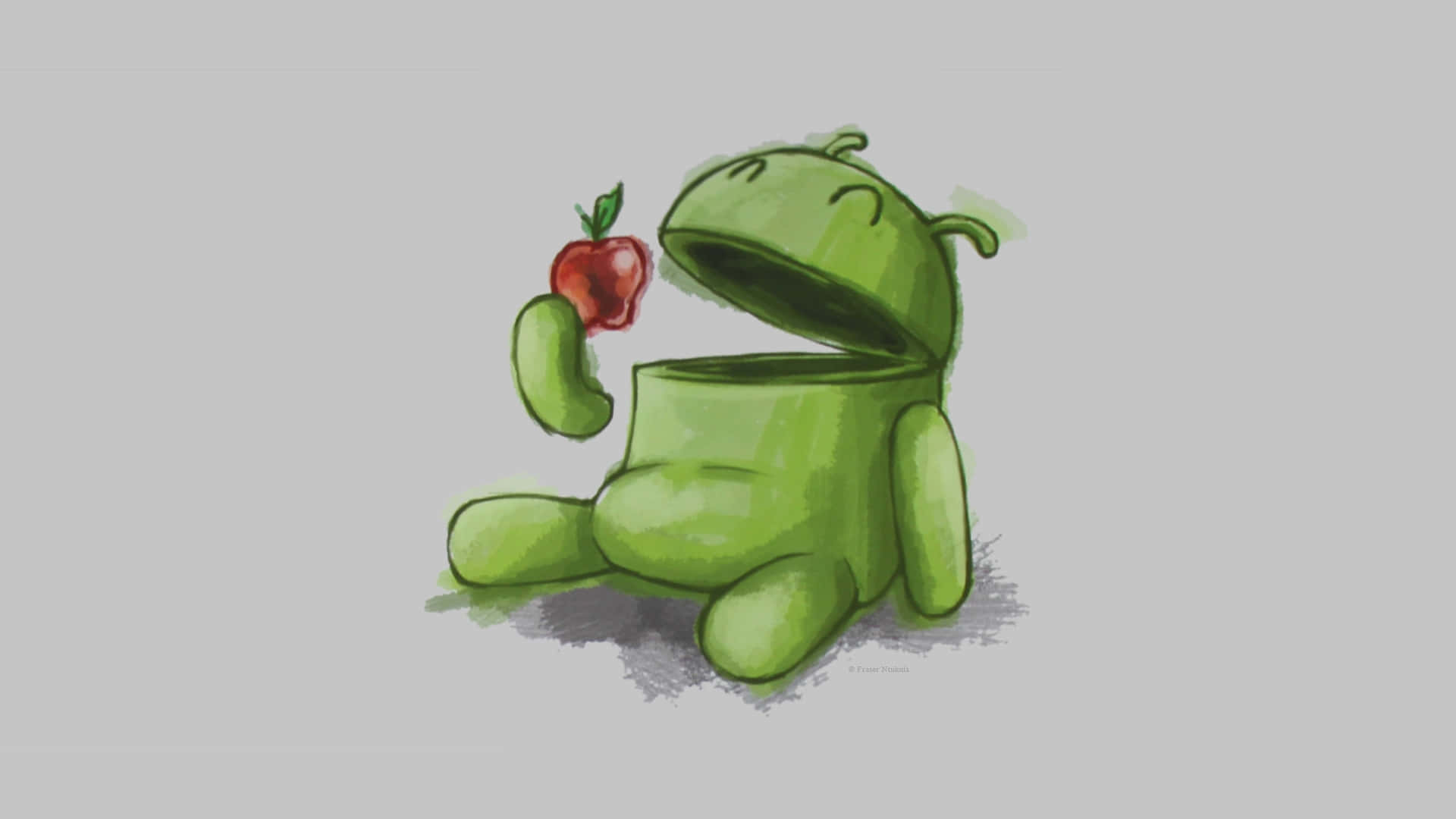 蘋果 桌布 壁紙 — 一個綠色Android吉祥物坐著，手持一個紅蘋果，背景為純灰色。