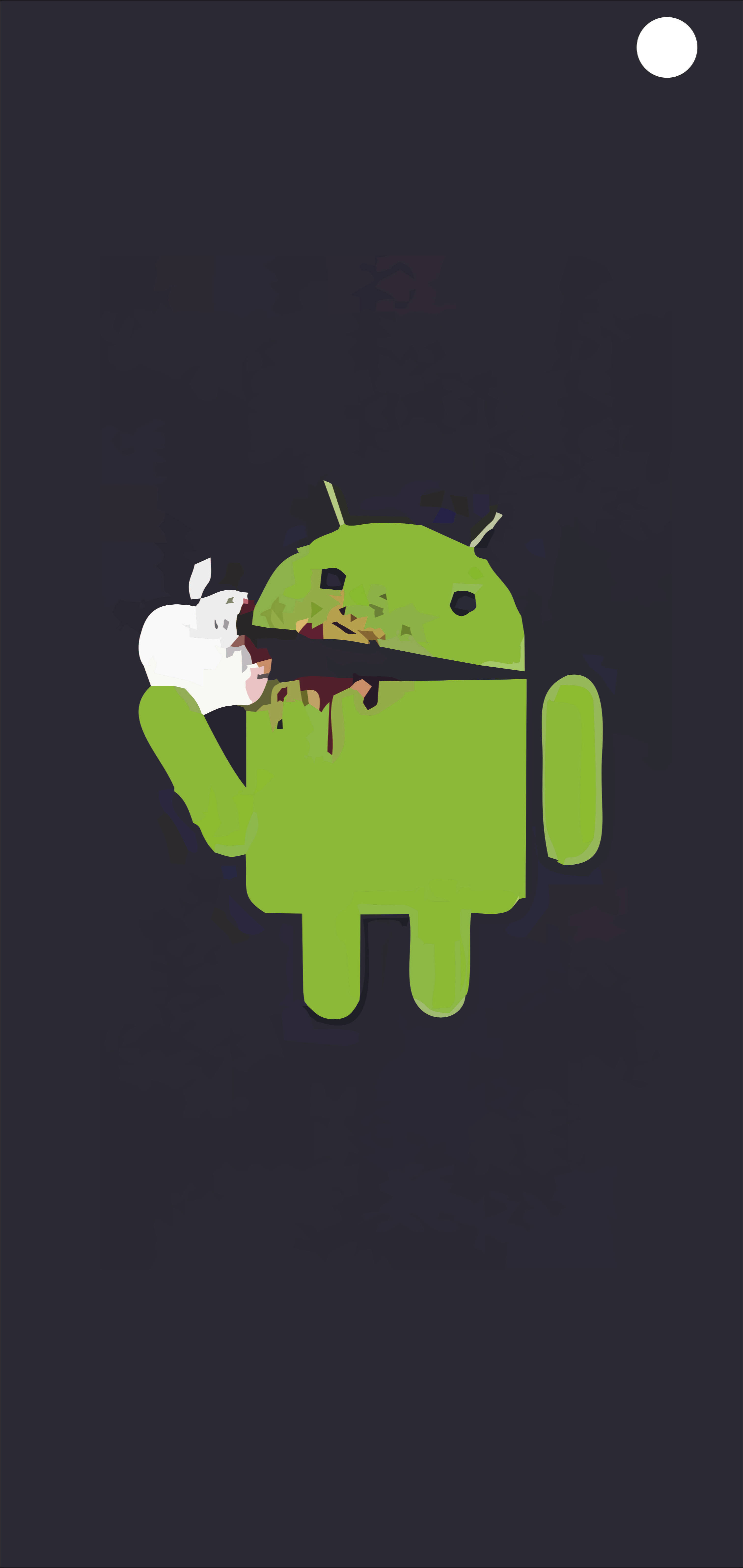 三星 桌布 壁紙 — 一個綠色Android吉祥物手持白色Apple標誌，一把刀刺穿其胸口，背景為深色。