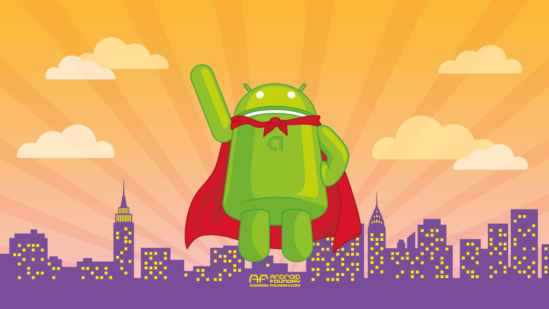 Android Developer 桌布 壁紙 — 一個綠色Android吉祥物披著紅色斗篷，在夕陽下英勇地飛過發光的城市天際線。