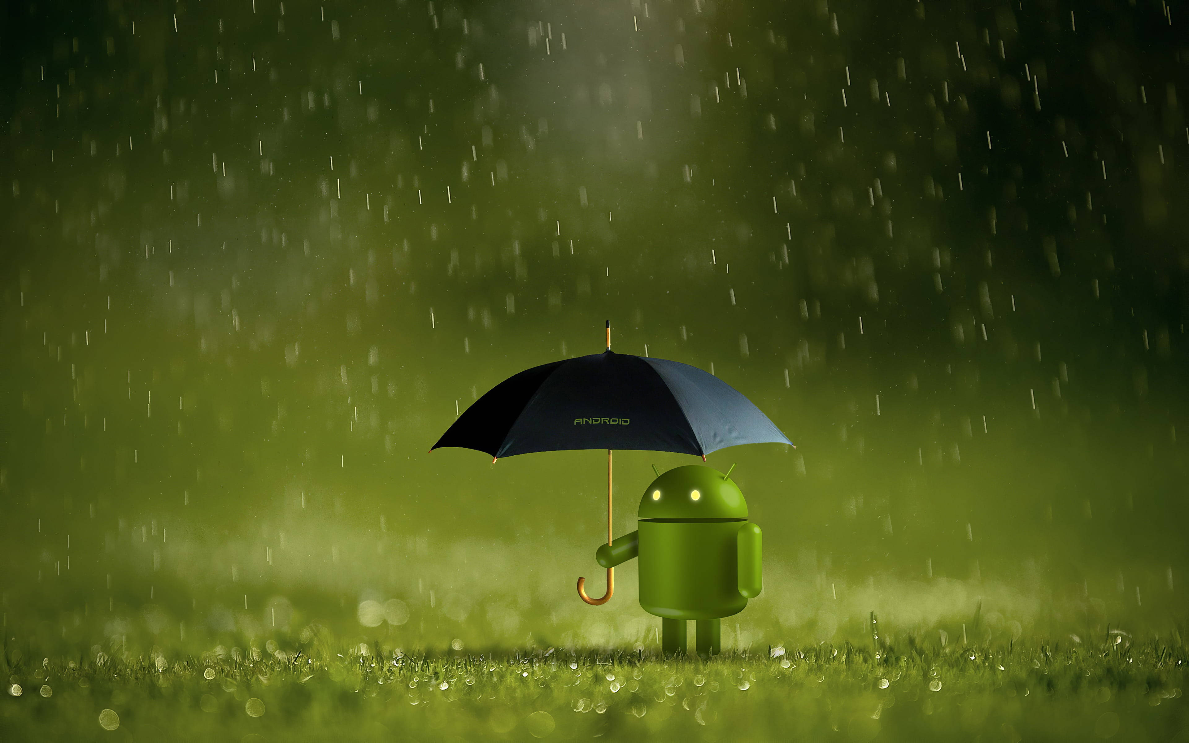 Android Desktop 桌布 壁紙 — 一個綠色Android吉祥物獨自站在雨濕的草地上，撐著黑色雨傘，天空朦朧帶綠。
