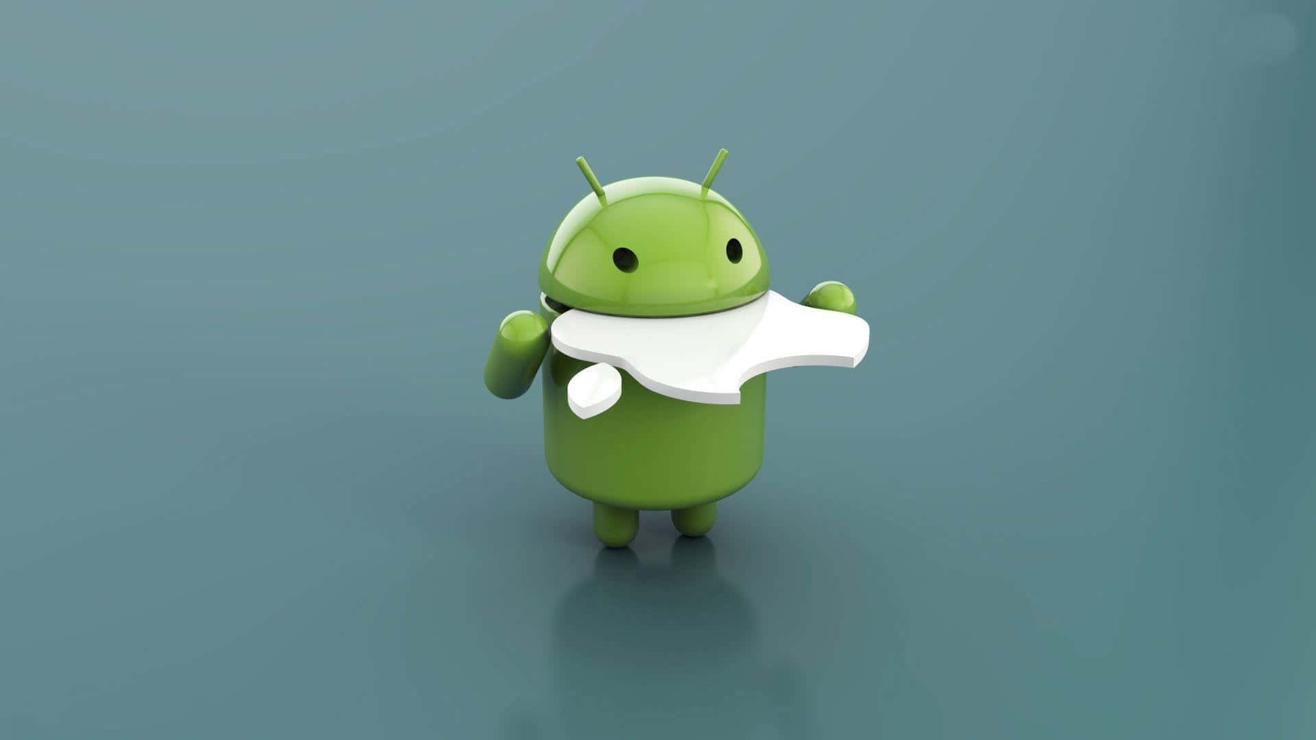 蘋果 桌布 壁紙 — 一個綠色Android吉祥物站著，手持白色智慧型手機，背景是柔和的青綠色。