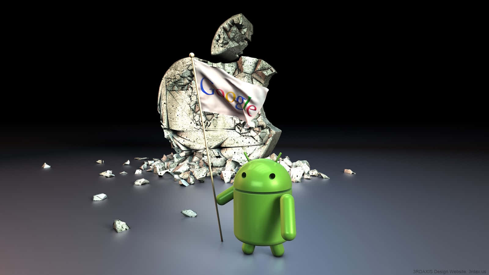 google 桌布 壁紙 — 一個綠色Android吉祥物自豪地舉著Google旗幟，站在黑暗地板上破碎的Apple標誌前。