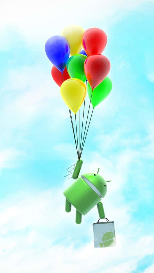 540x960 桌布 壁紙 — 一個綠色Android吉祥物被一簇彩色氣球牽引著，在柔和的藍色雲朵背景下飄向天空。