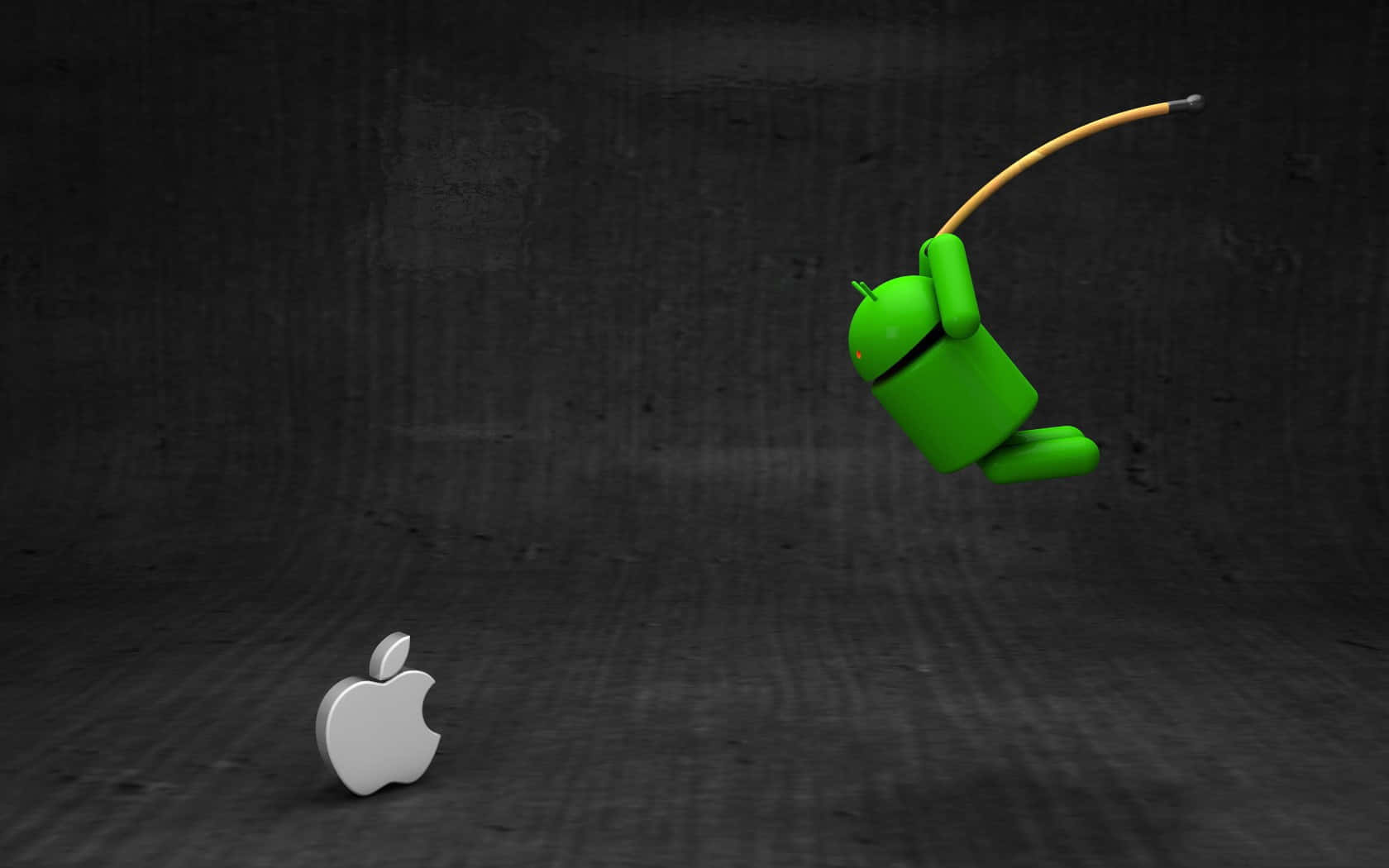 Apple Android 桌布 壁紙 — 一個綠色Android機器人動態地跳向一個銀色Apple標誌，背景是深色紋理混凝土。