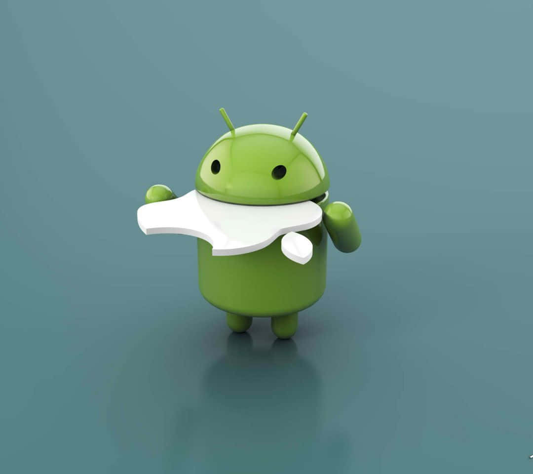 桌布 壁紙 — 一個綠色Android機器人吉祥物站在柔和的青綠色背景前，拿著一塊白色的拼圖塊。