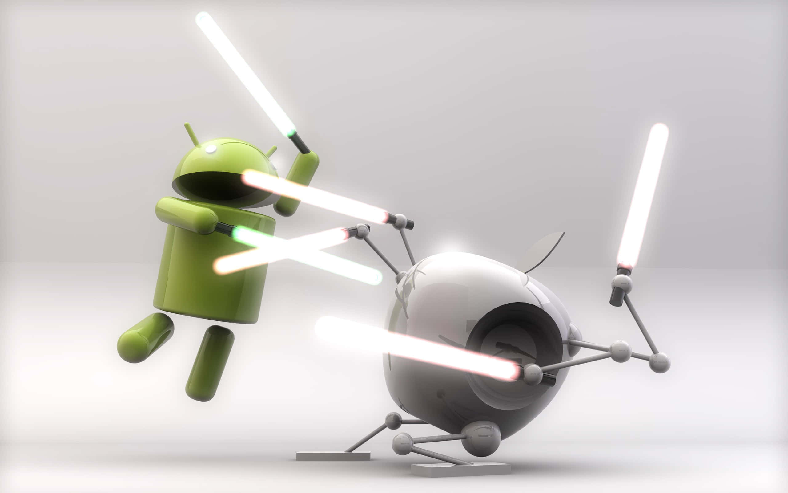桌布 壁紙 — 一個綠色Android機器人和一個銀色機器人在純白色背景上，用發光的白色光劍決鬥。