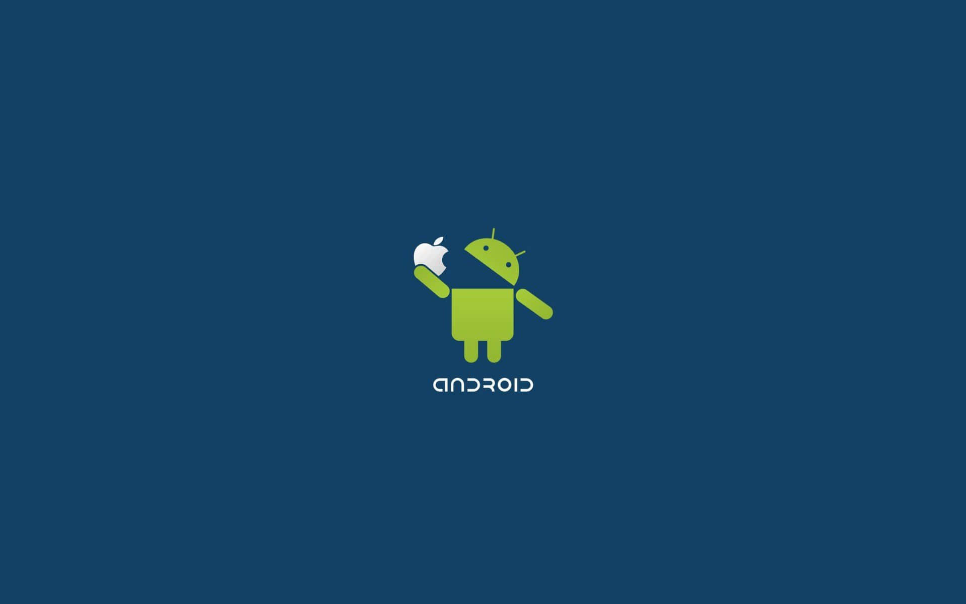 Android Computer 桌布 壁紙 — 一個綠色Android機器人手持Apple標誌，背景為純深藍色，下方有「android」文字。