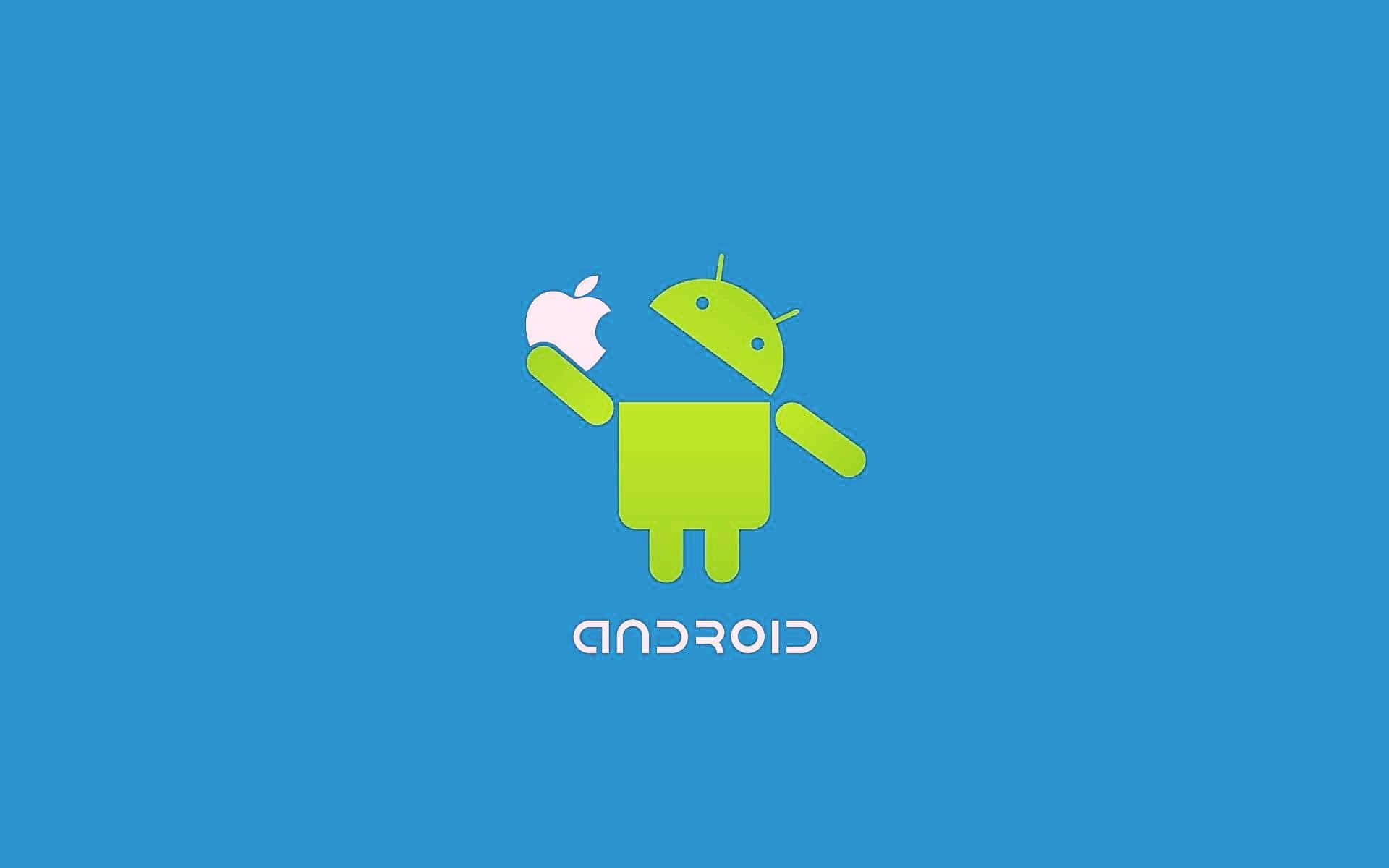 蘋果標誌 桌布 壁紙 — 一個綠色Android機器人手持白色Apple標誌，背景為純藍色，下方有'ANDROID'文字。