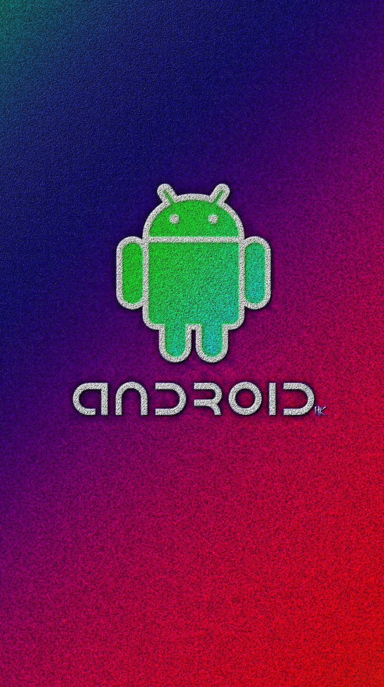 Colorful Aesthetic 桌布 壁紙 — 一個綠色Android機器人標誌，帶有閃爍輪廓，居中於從藍色到紫色再到紅色的鮮豔漸變背景上。
