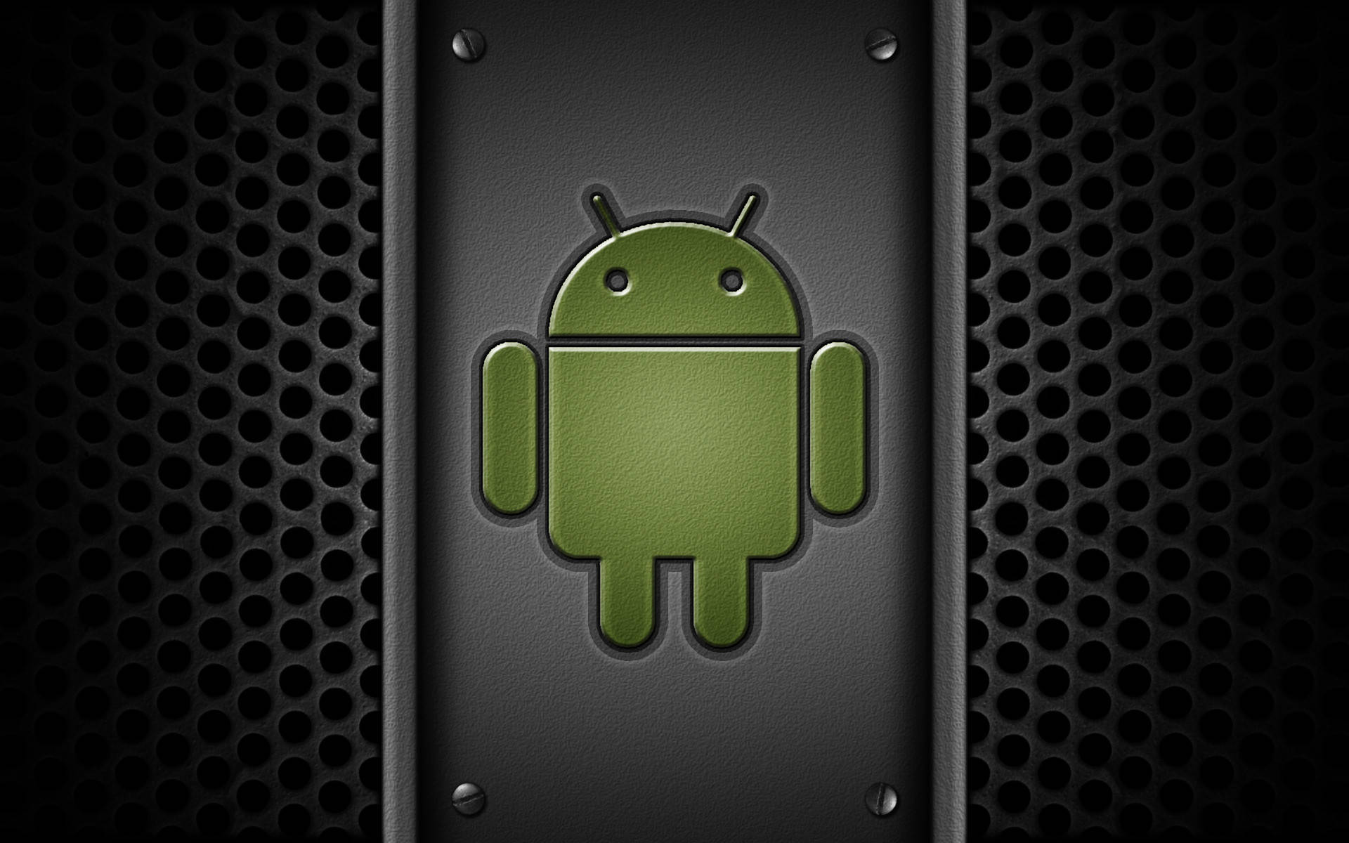 綠色Android機器人標誌在黑色穿孔金屬背景上。