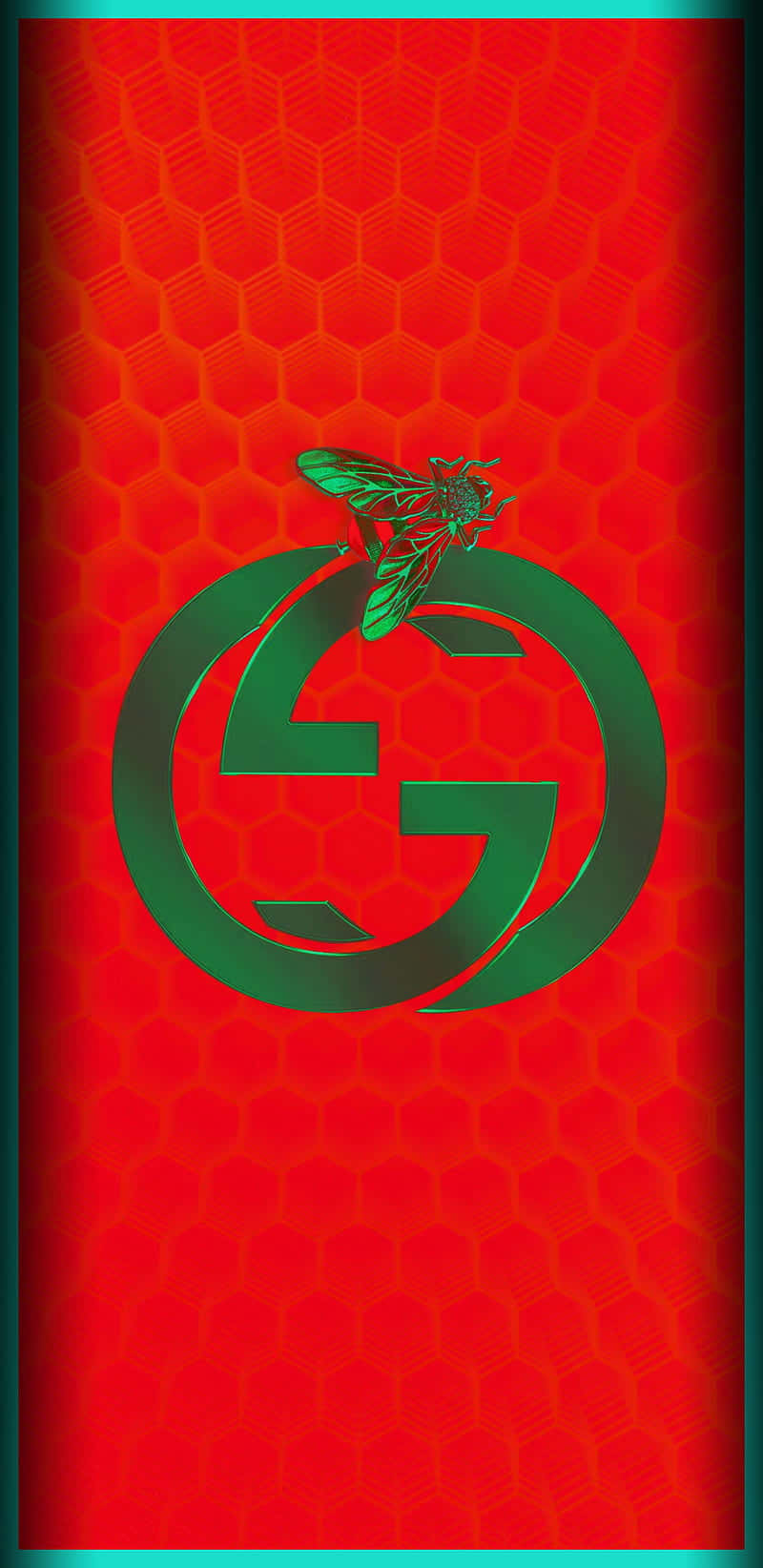 Gucci Green 桌布 壁紙 — 一個綠色Gucci標誌，上面有一隻蒼蠅棲息，背景是充滿活力的紅色六邊形圖案。