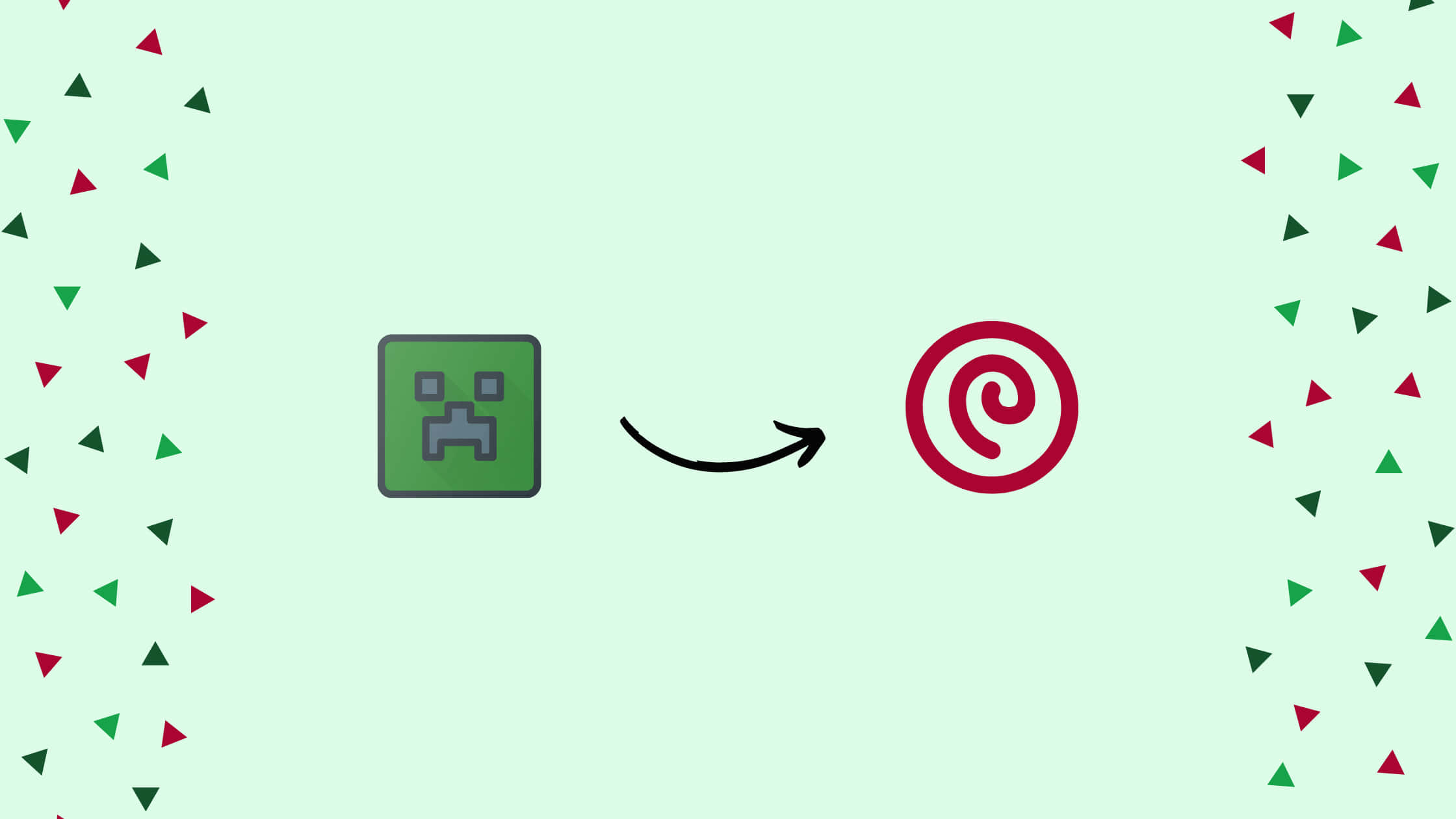 Minecraft Server 桌布 壁紙 — 一個綠色Minecraft苦力怕圖示用箭頭指向一個紅色螺旋標誌，背景是淺薄荷綠色，散落著紅色和綠色的三角形。