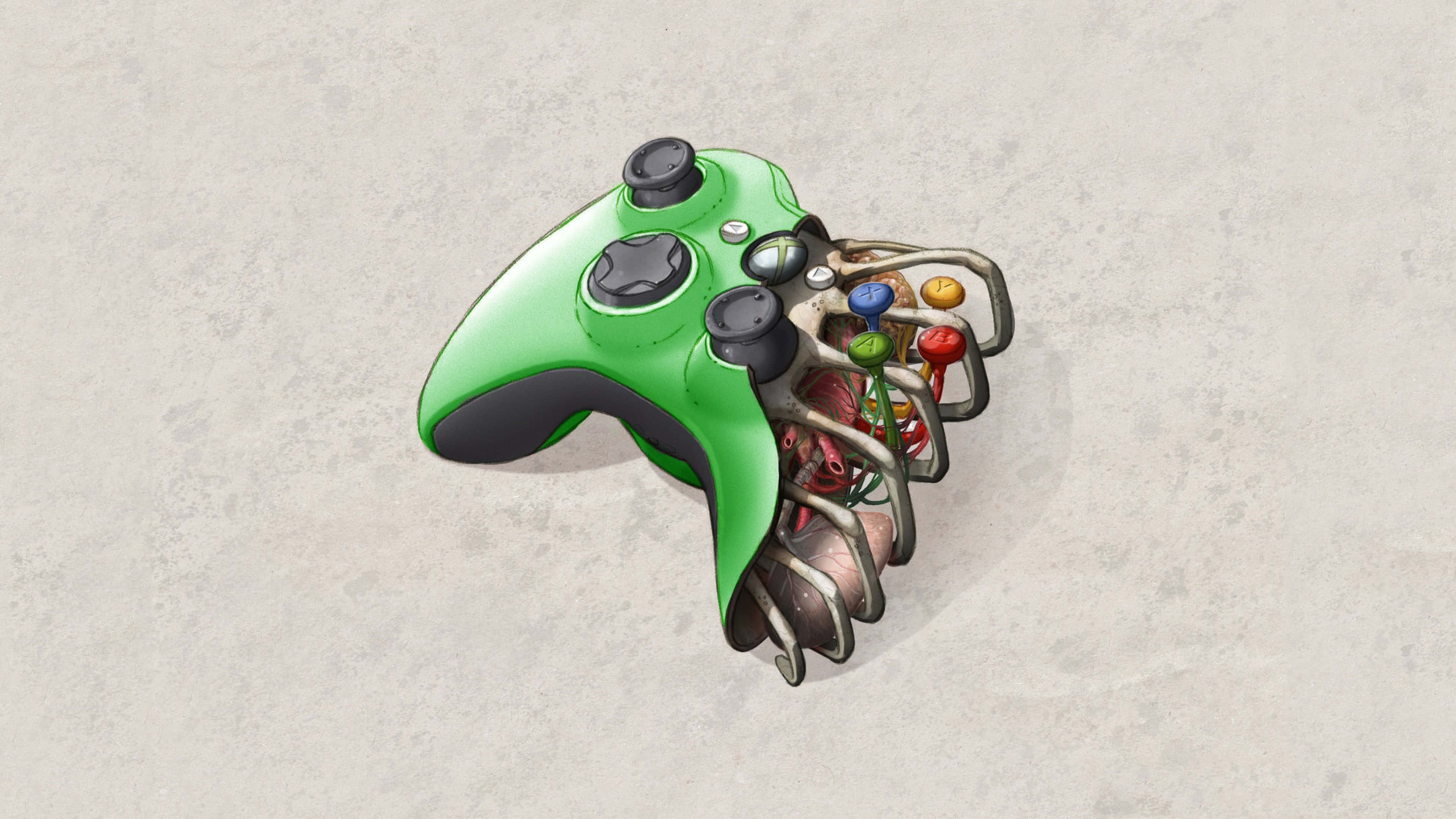 4K Gaming Consoles 桌布 壁紙 — 一個綠色Xbox手把與金屬骷髏手融合，在紋理灰色背景上抓握色彩繽紛的遊戲按鈕。