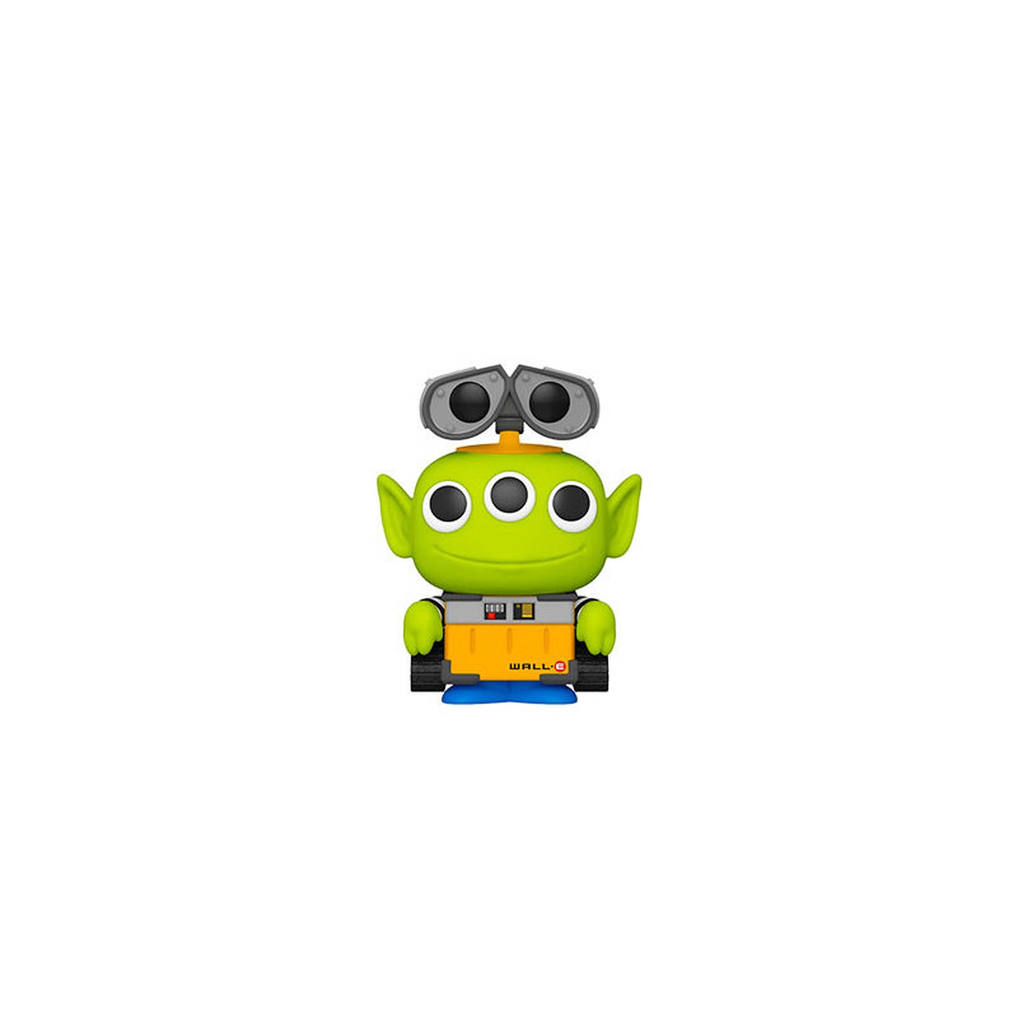 Toy Story Alien 桌布 壁紙 — 一個綠色三眼外星人，帶著望遠鏡和橙色背包，站在純白色背景前。
