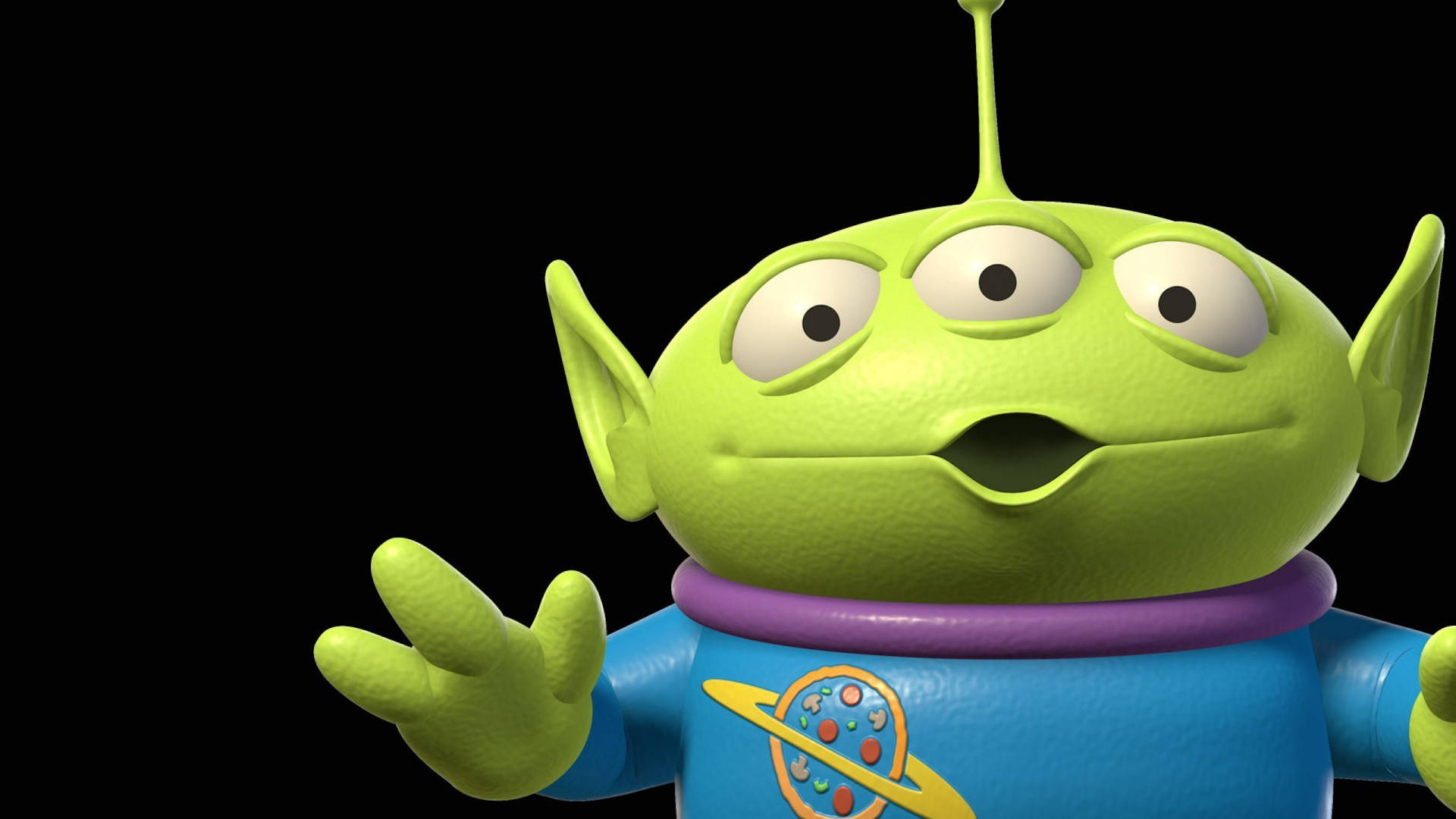 Toy Story 3 桌布 壁紙 — 一個綠色三眼外星人玩具，有大眼睛和紫色領子，在黑色背景上愉快地揮手。