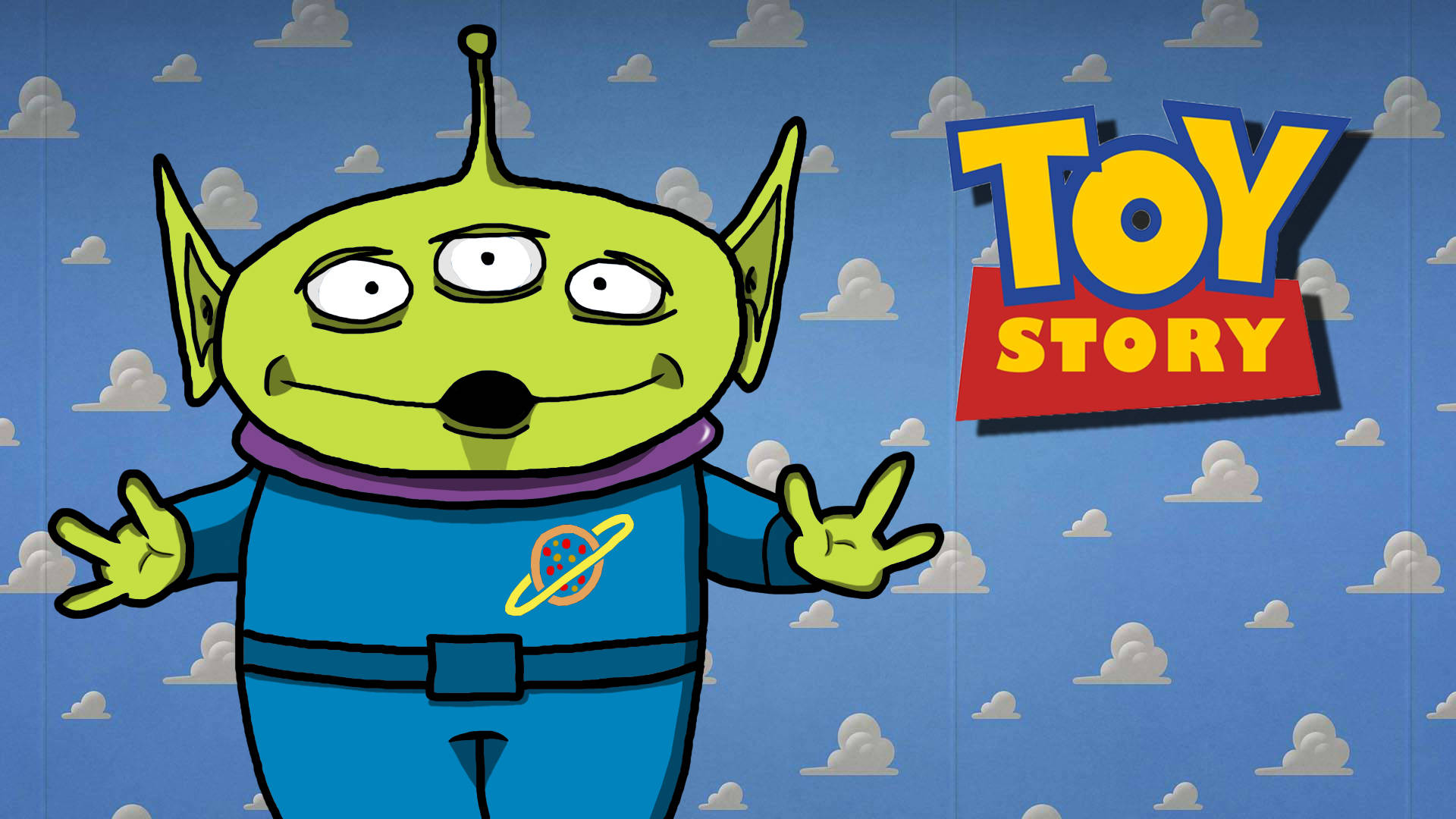 Toy Story Alien 桌布 壁紙 — 一個綠色三眼外星人穿著藍色太空衣，在佈滿雲朵的天空和《玩具總動員》標誌前愉快地揮手。