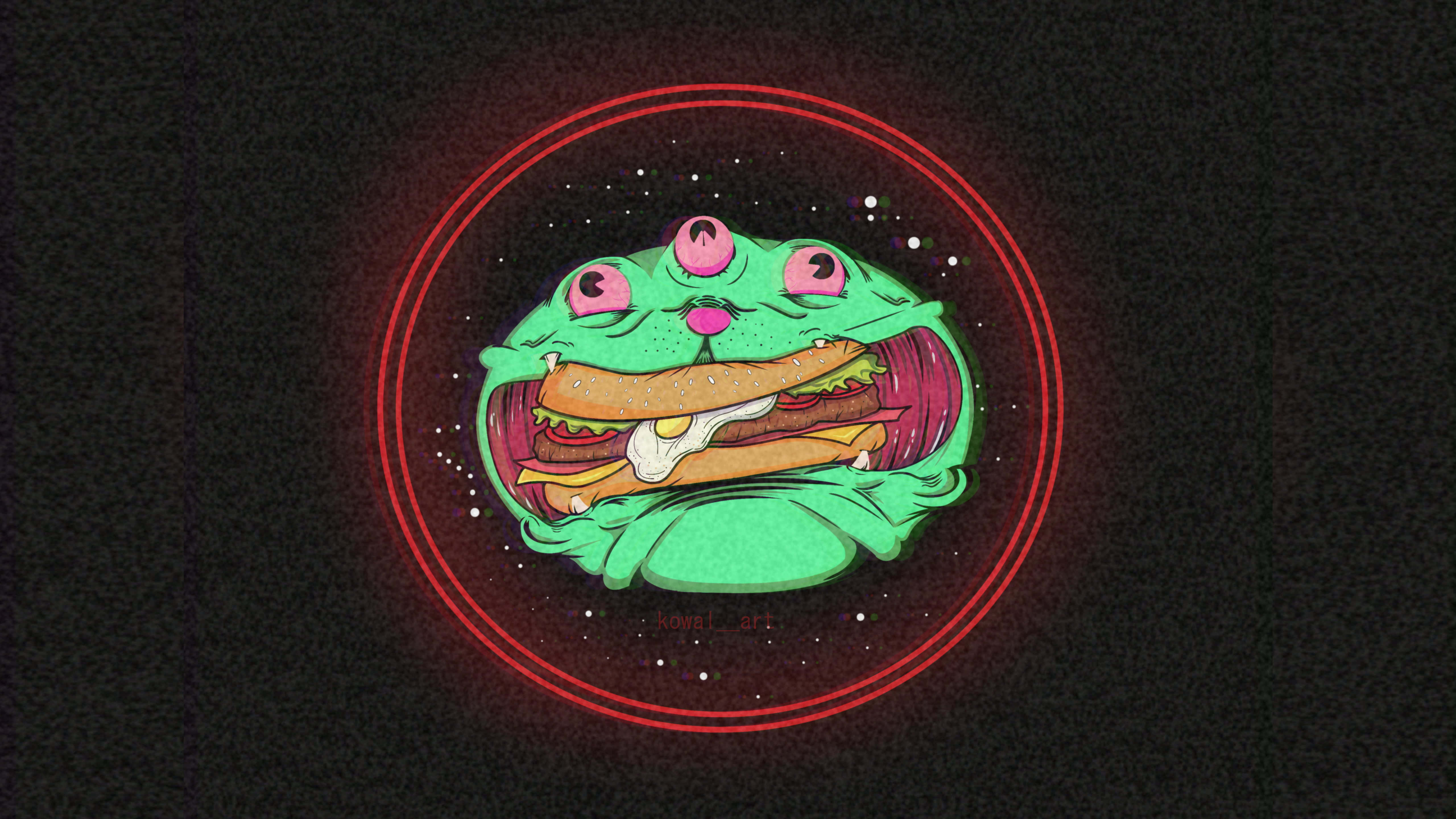 Cursed Cat 桌布 壁紙 — 一個綠色三眼外星生物，嘴裡叼著一個漢堡，在紅色圓圈內發光，背景是星空黑色。