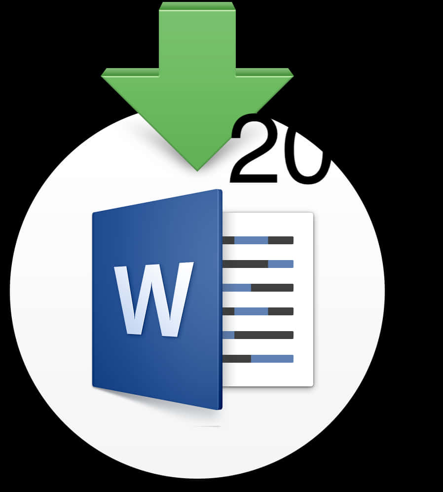 microsoft 桌布 壁紙 — 一個綠色下載箭頭懸浮在Microsoft Word圖示和一個帶有藍色線條的文件上方，背景為白色圓形。