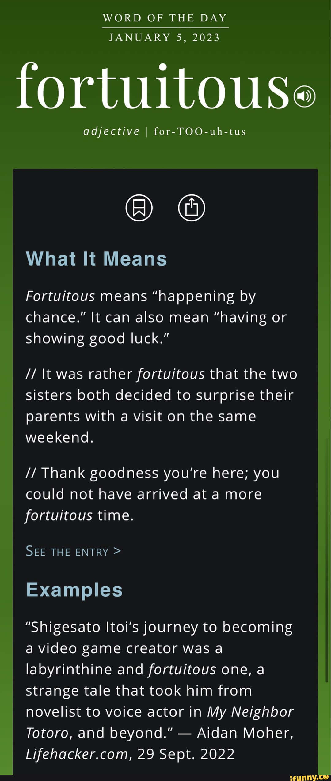 Fortuitous 桌布 壁紙 — 一個綠色主題的字典條目，在深色背景上定義了「fortuitous」一詞，並附有例句和發音。