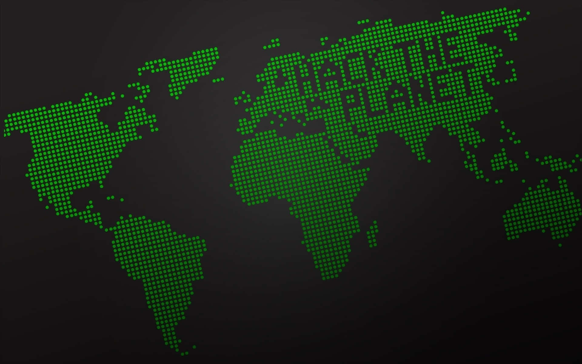 Hacking 桌布 壁紙 — 一個綠色像素化世界地圖，在歐洲和非洲上方有「HACK THE PLANET」文字，背景為深色。