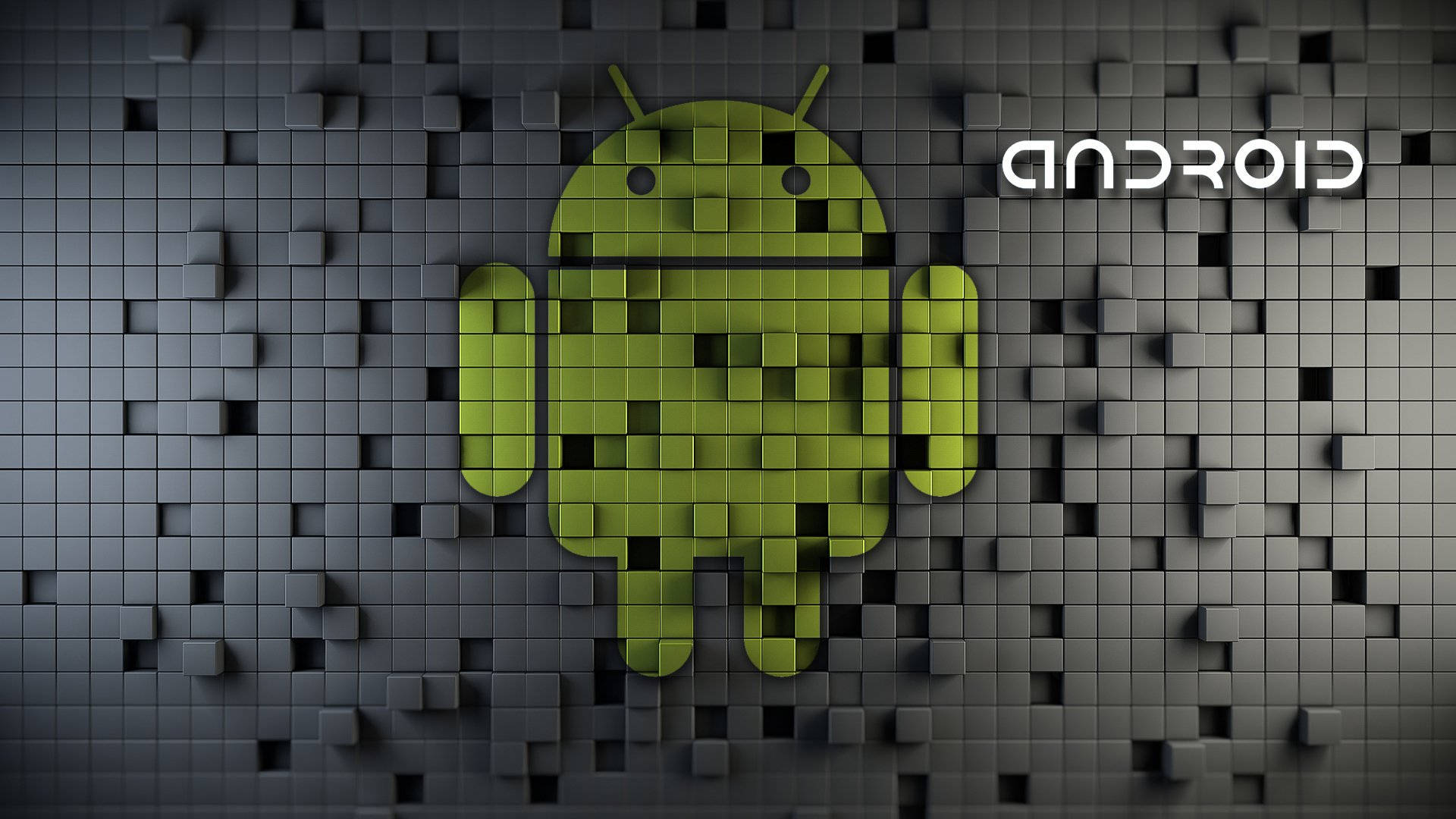 Android Developer 桌布 壁紙 — 一個綠色像素化的Android機器人從一個3D立方體牆中出現，牆上有白色文字寫著android。