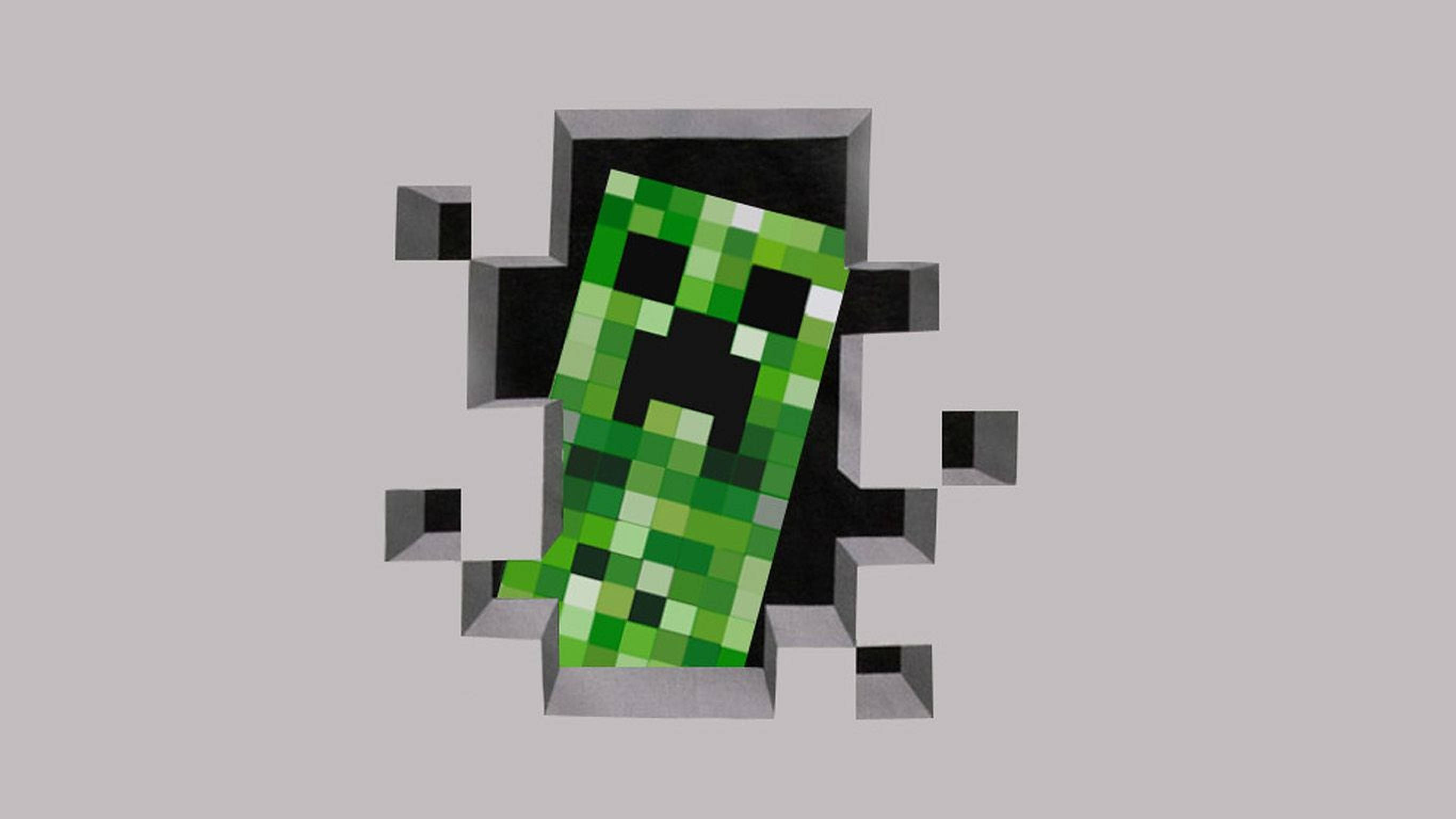 Creeper 桌布 壁紙 — 一個綠色像素化的爬行者以3D效果穿過灰色牆壁，背景為純色。