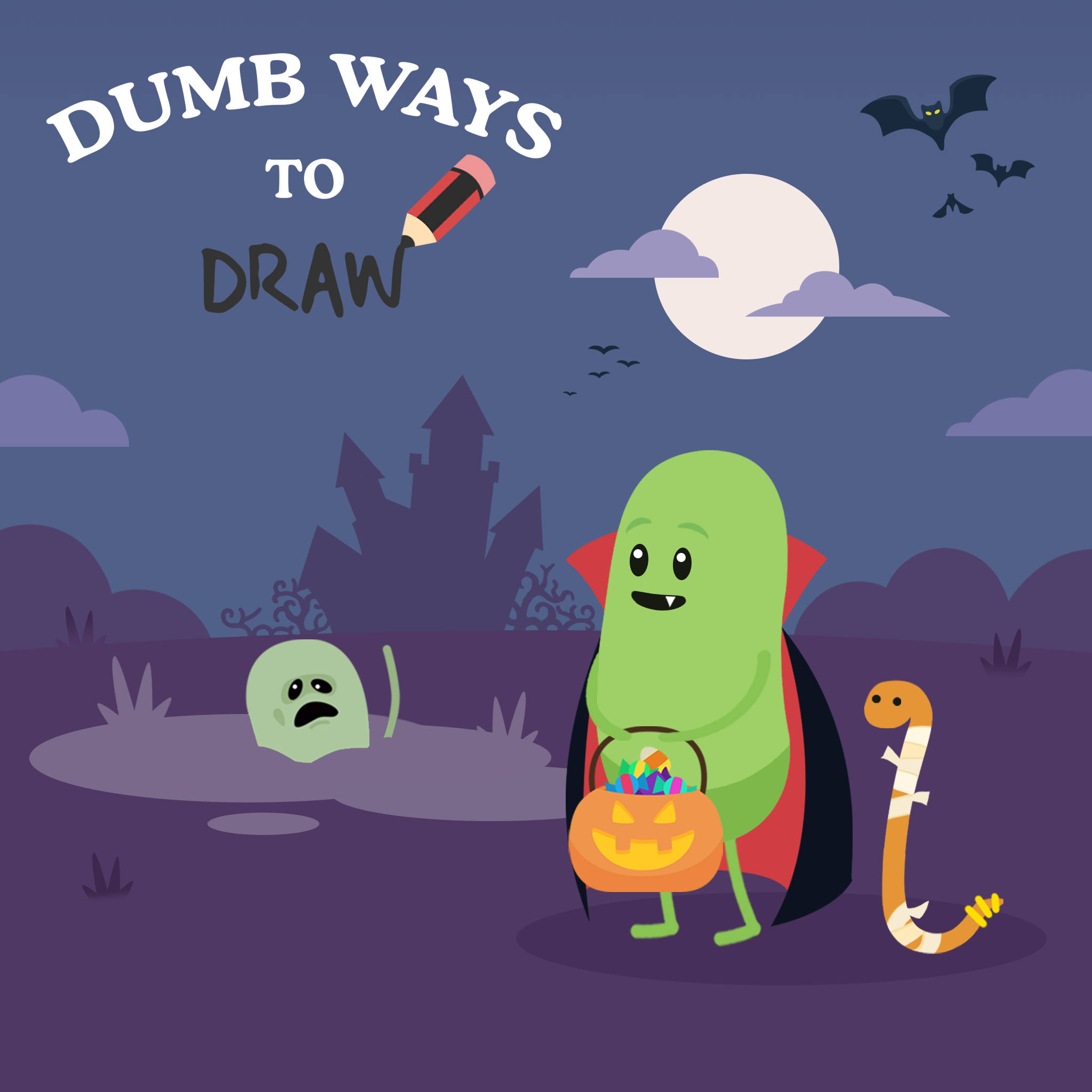 dumb 桌布 壁紙 — 一個綠色卡通吸血鬼穿著紅色斗篷，拿著一個南瓜燈籠桶，而木乃伊和鬼魂在滿月下觀看。