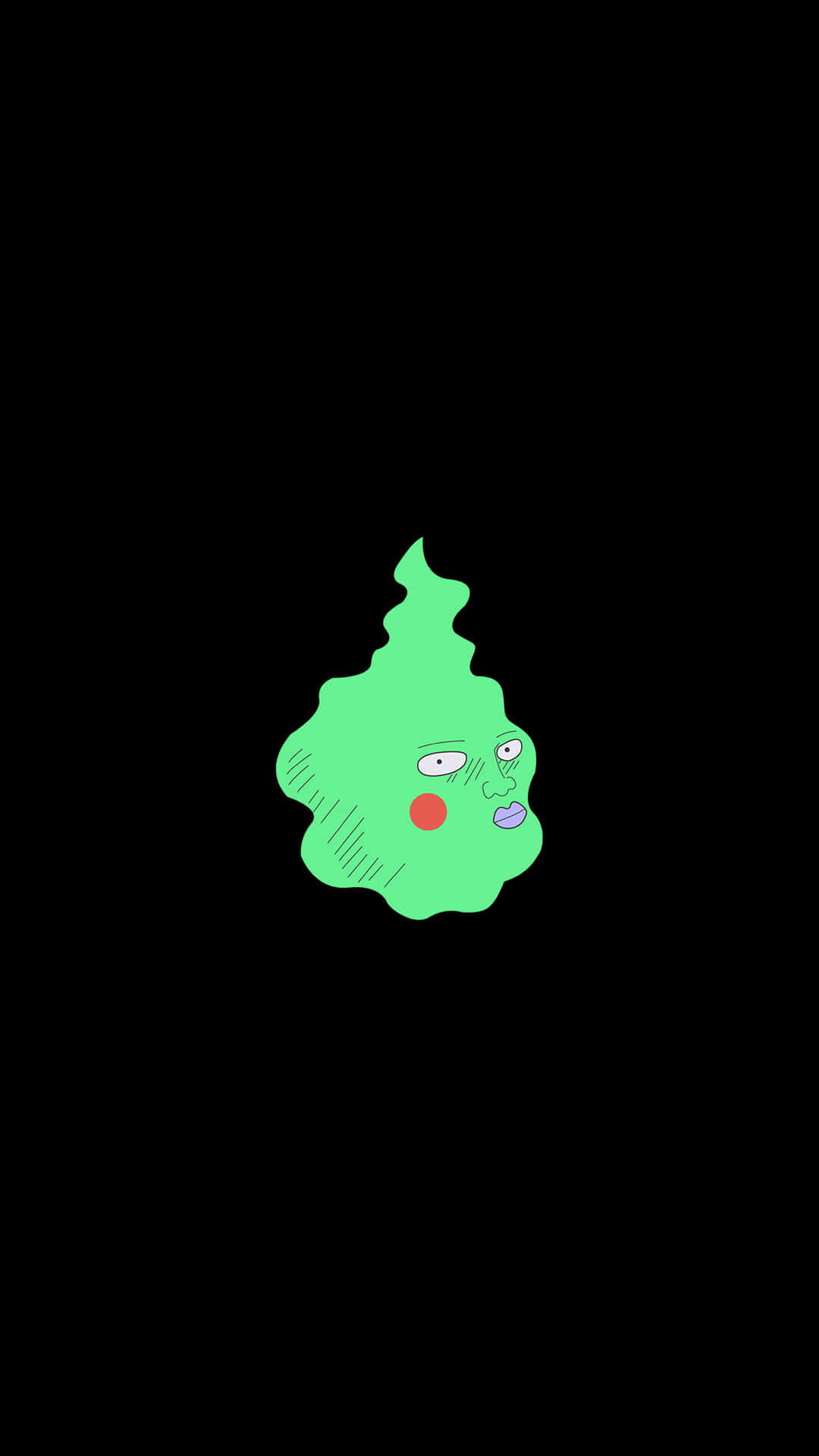 動漫 桌布 壁紙 — 一個綠色卡通團塊，帶有不高興的表情和紅色臉頰，獨自站在黑色背景前。