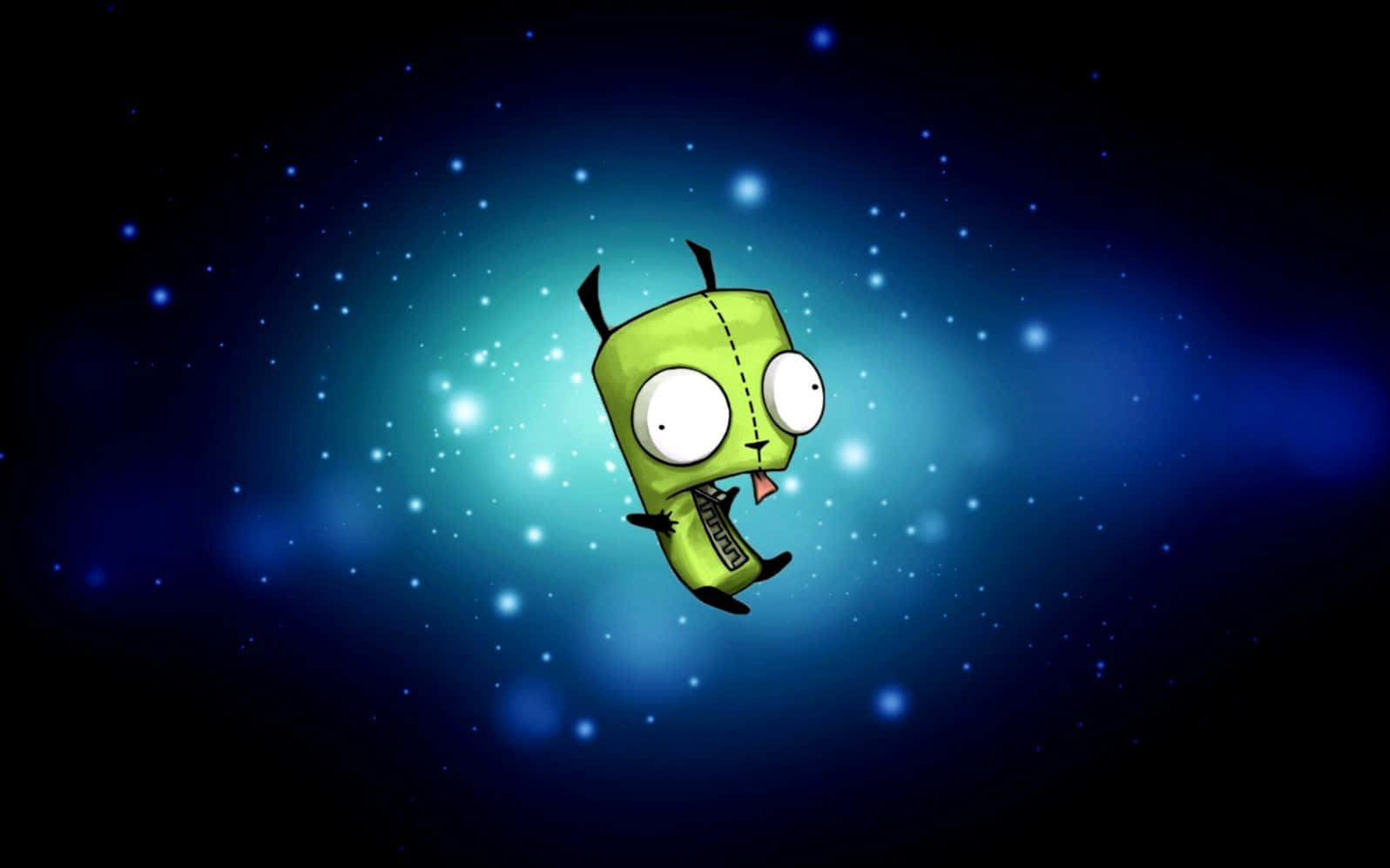 Invader Zim 桌布 壁紙 — 一個綠色卡通外星人，大眼睛，在繁星點點的藍色宇宙背景中快樂地漂浮。