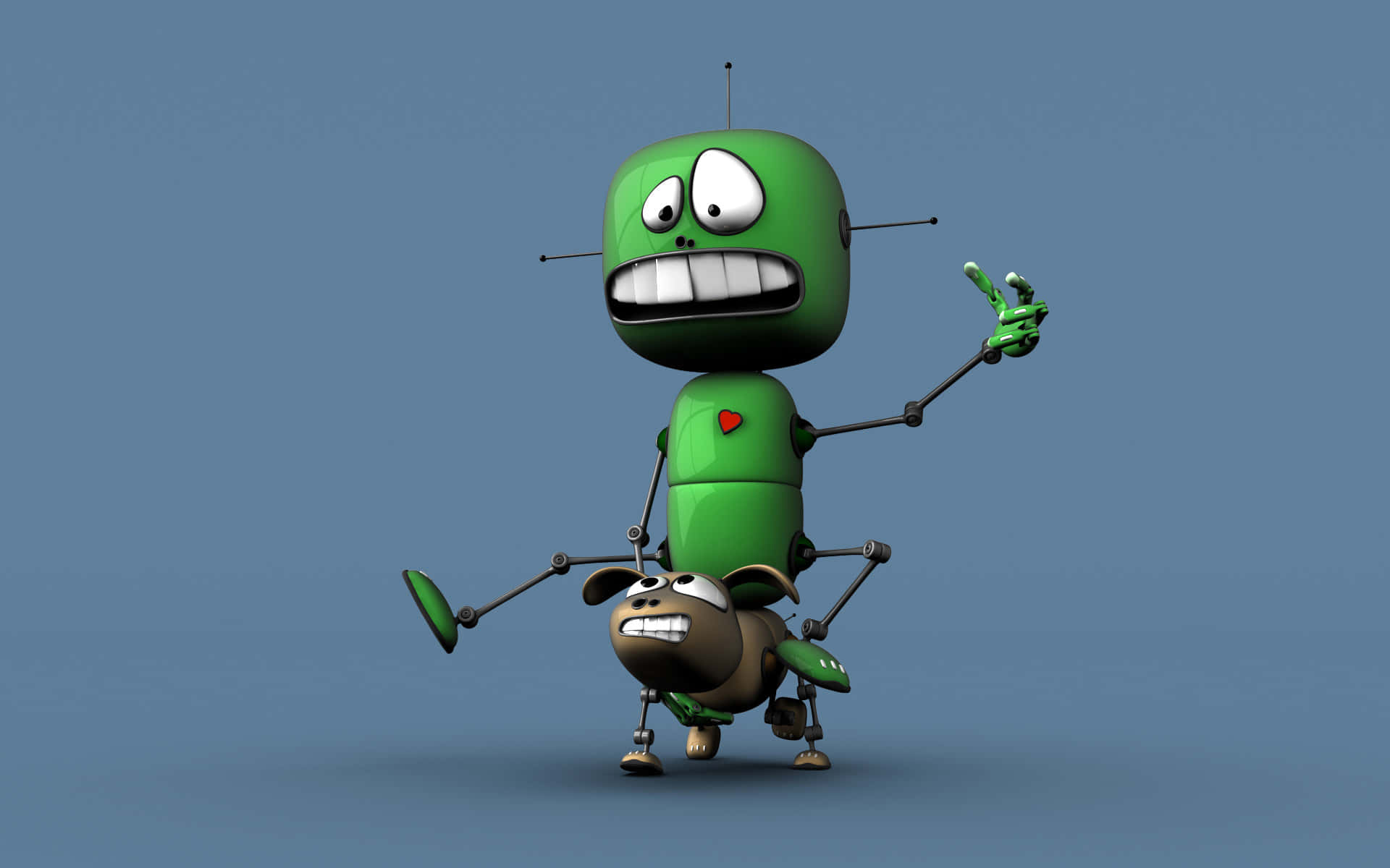 Kawaii Robot 桌布 壁紙 — 一個綠色卡通機器人，咧嘴大笑，帶有天線，在純藍色背景前抱著一個棕色小機器人同伴。