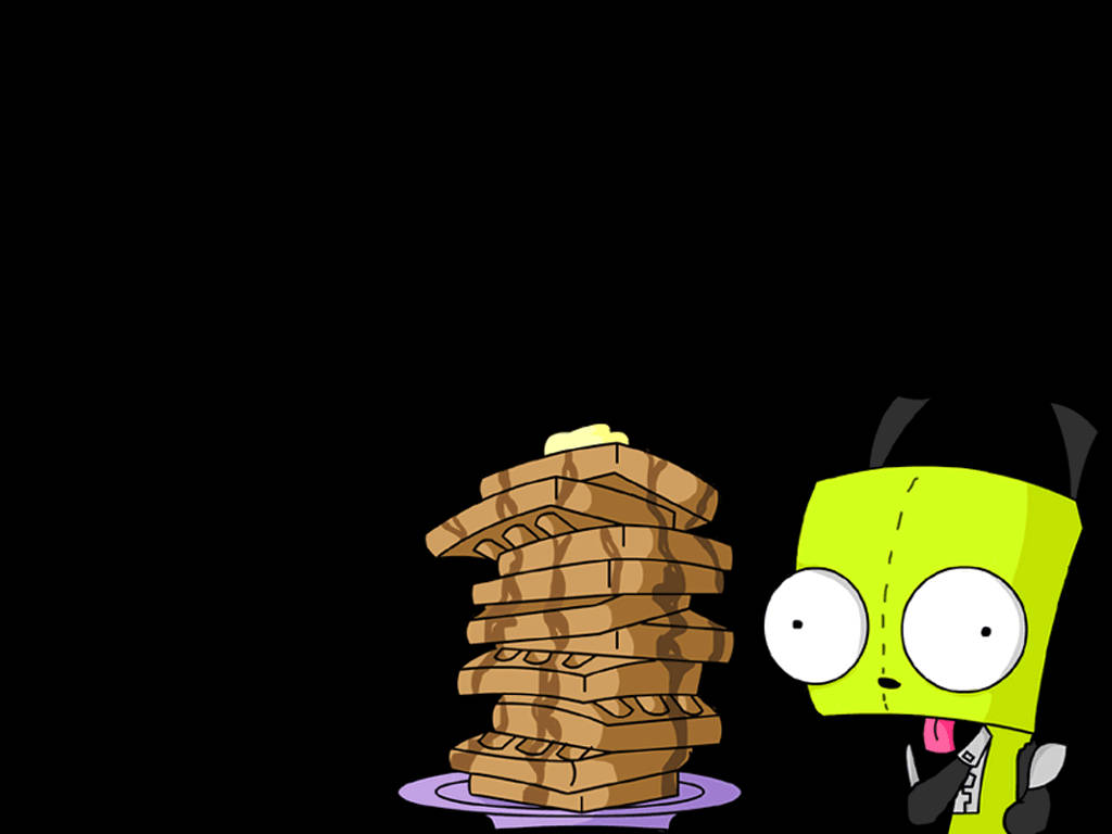 Invader Zim 桌布 壁紙 — 一個綠色卡通角色，大眼睛，在黑色背景上高興地盯著一堆高高的鬆餅，上面有奶油。