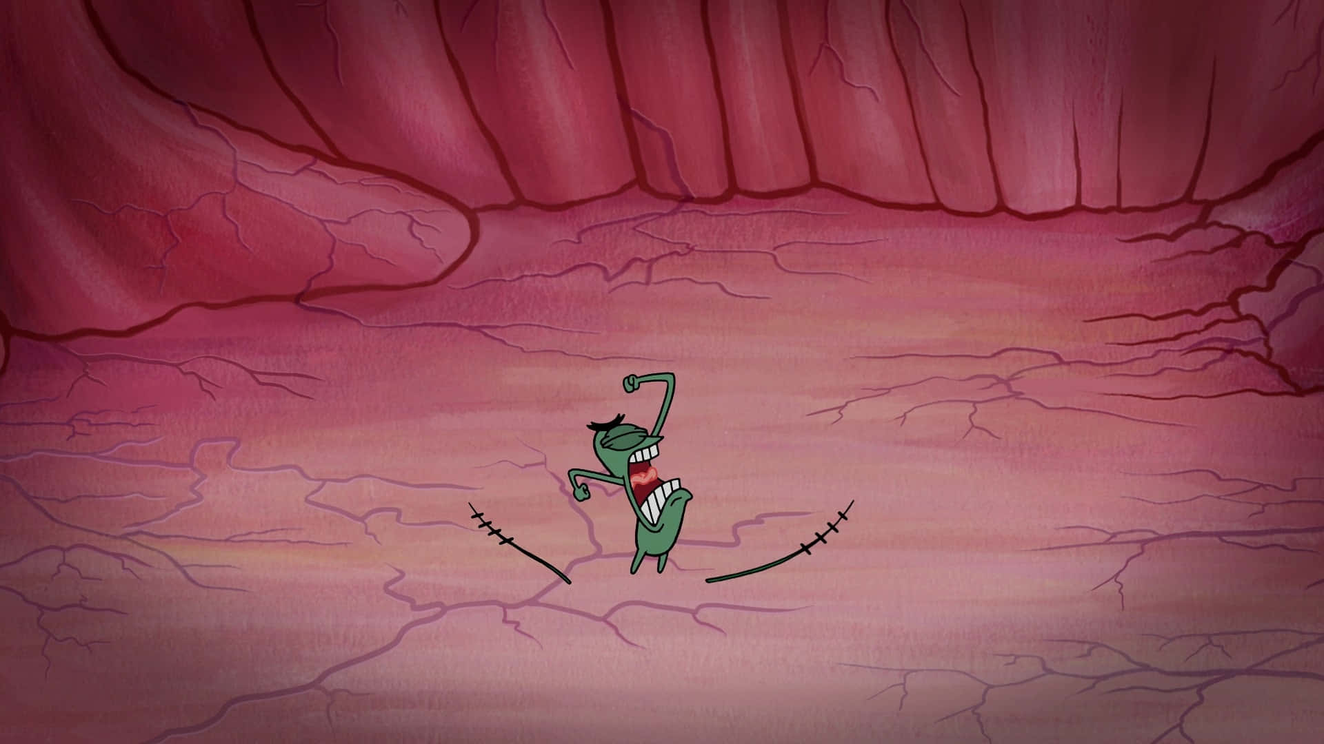 plankton 桌布 壁紙 — 一個綠色卡通角色在一個有裂縫牆壁的廣闊粉紅色洞穴內恐懼地尖叫。