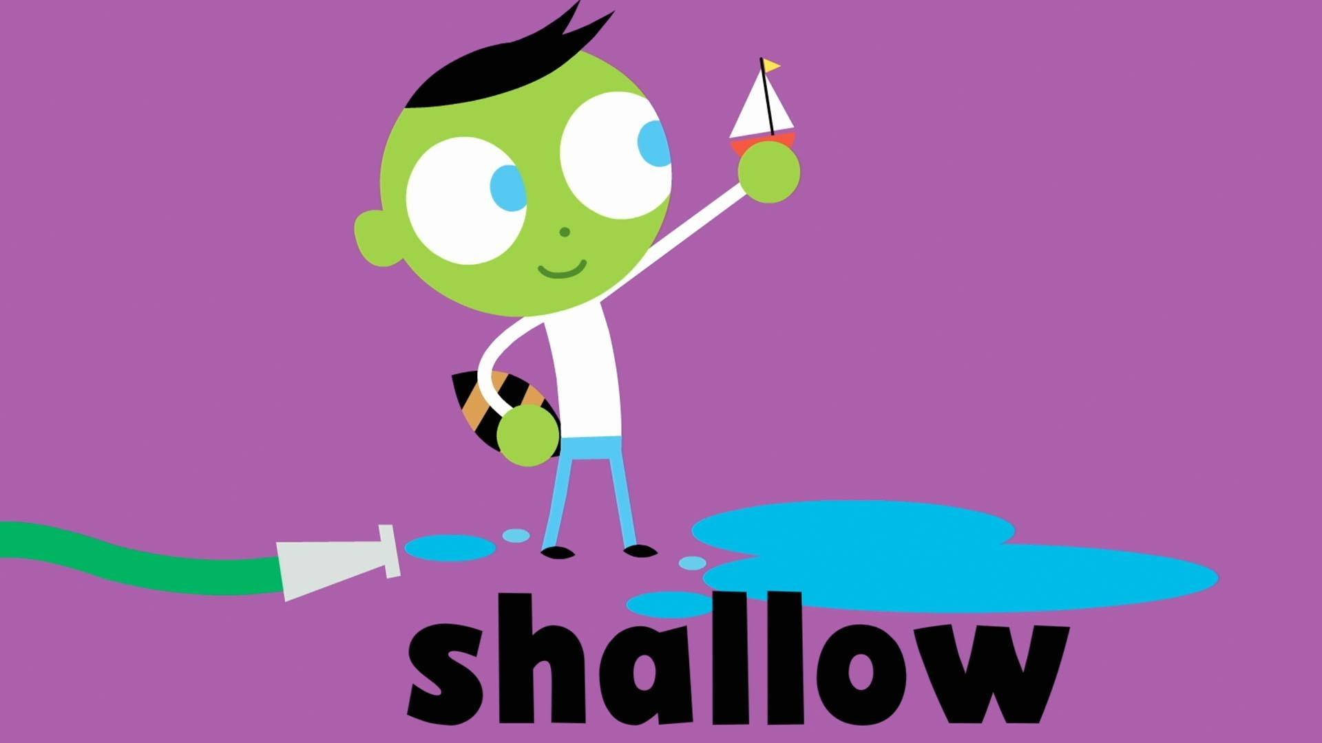 Pbs 桌布 壁紙 — 一個綠色卡通角色在紫色背景上，用一條水管弄出的藍色水窪上方拿著一個玩具帆船。