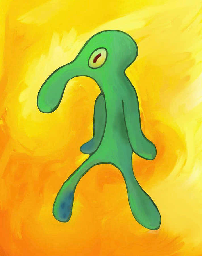 Squidward 桌布 壁紙 — 一個綠色卡通風格、只有一隻眼睛的生物，站在鮮豔的黃色和橙色背景前。