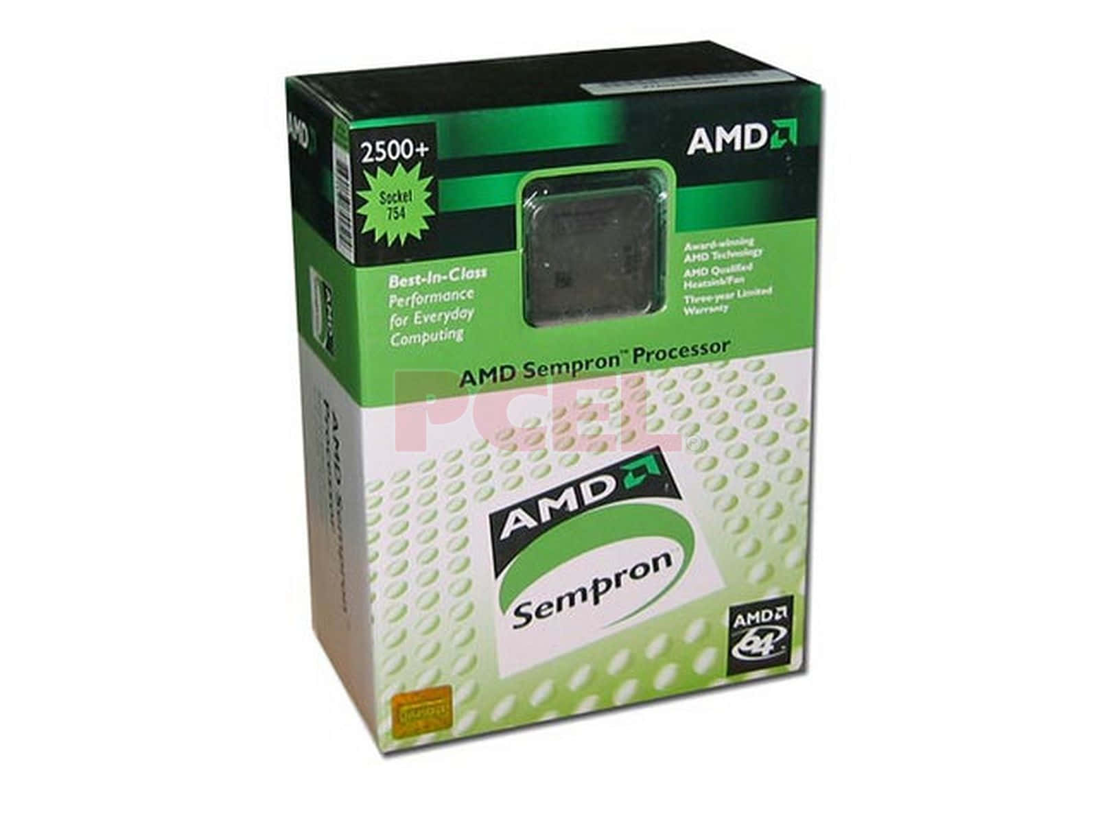 AMD 桌布 壁紙 — 一個綠色和白色的AMD Sempron處理器盒，帶有透明窗口顯示內部的晶片。