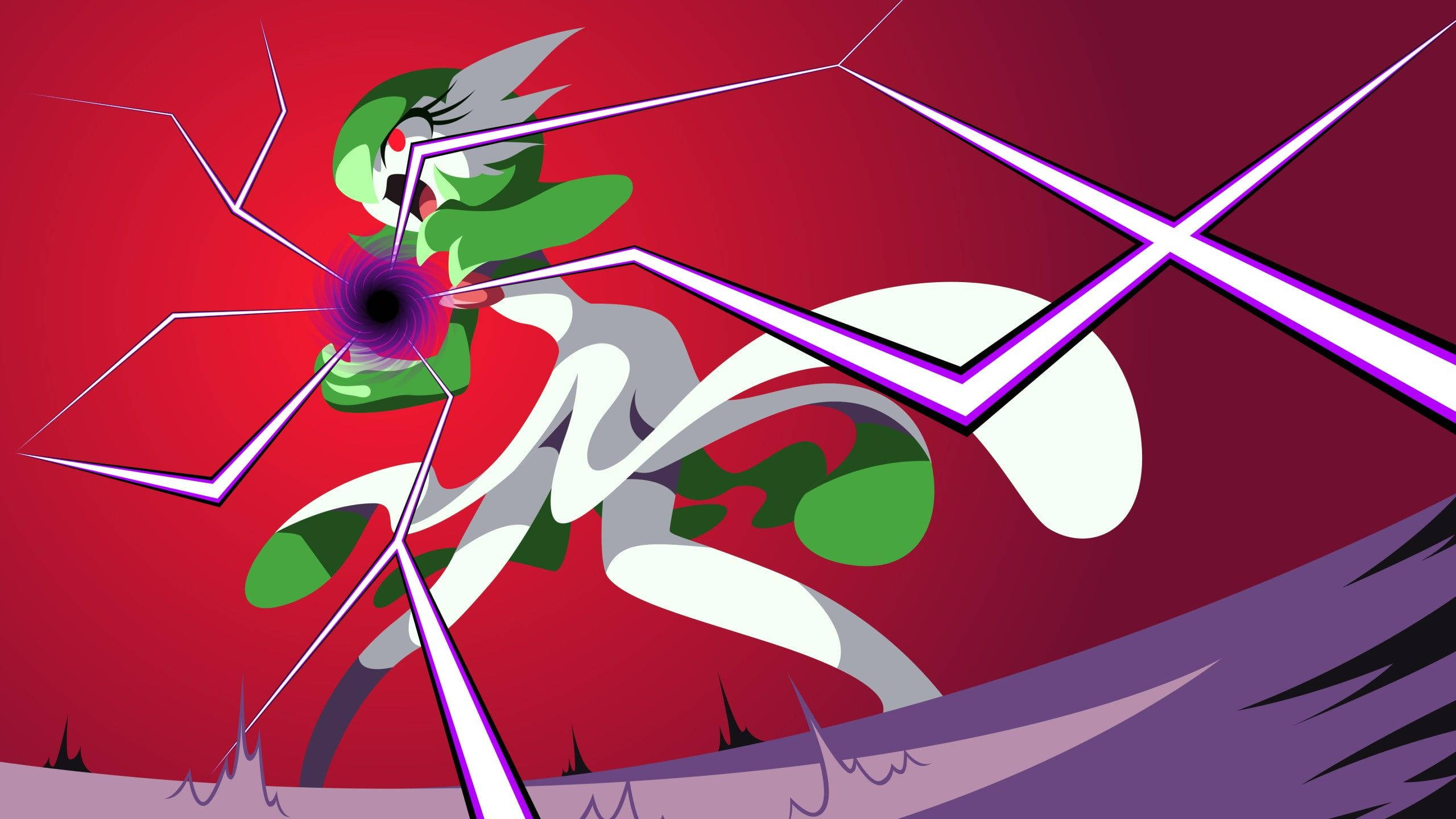 Gardevoir 桌布 壁紙 — 一個綠色和白色的動漫角色粉碎了一個紅色表面，紫色能量裂縫向外輻射。