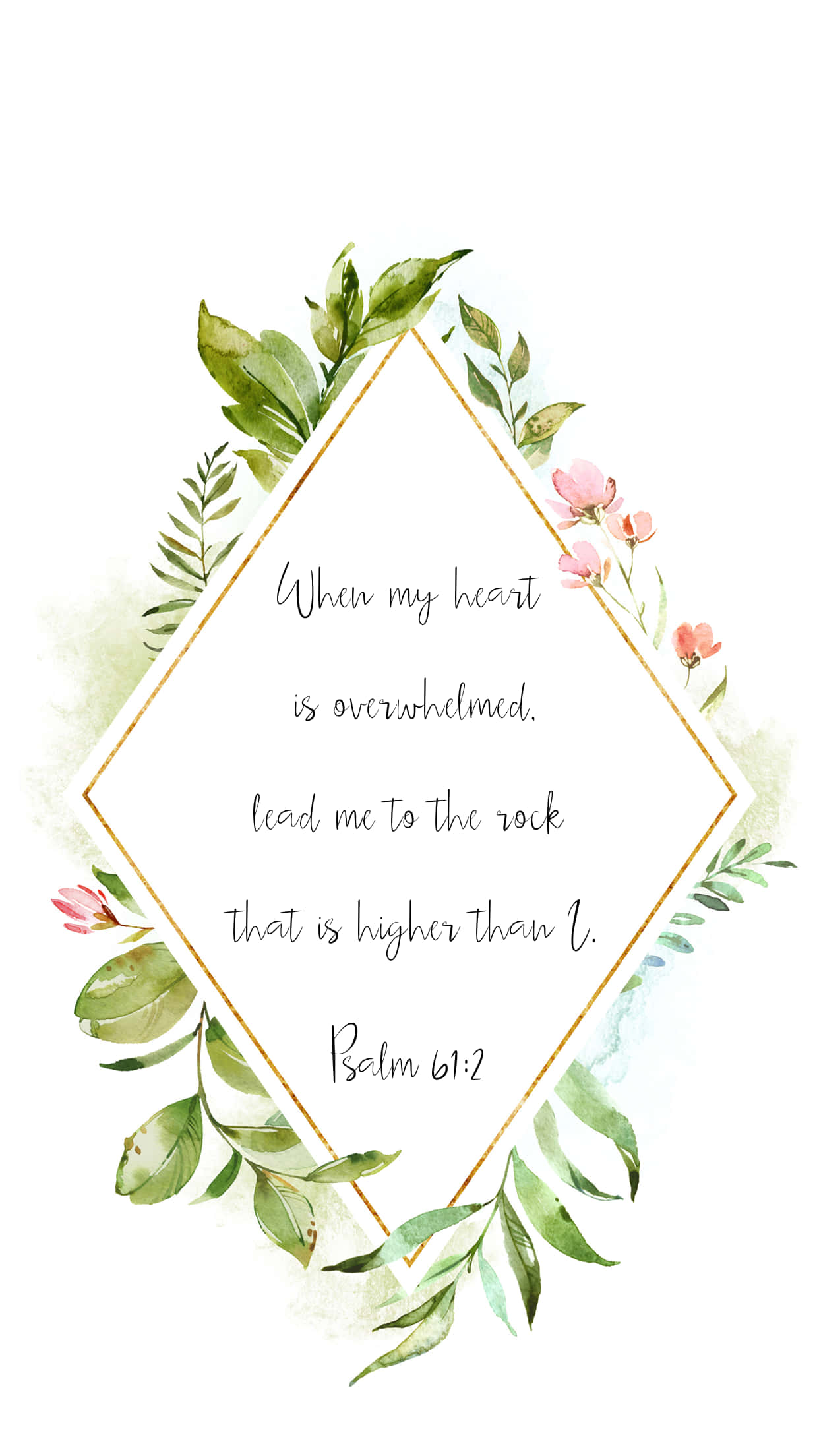 Christian Quotes 桌布 壁紙 — 一個綠色和粉紅色的水彩花卉花環，在白色背景上框住一個鑽石形狀的詩篇61:2經文。