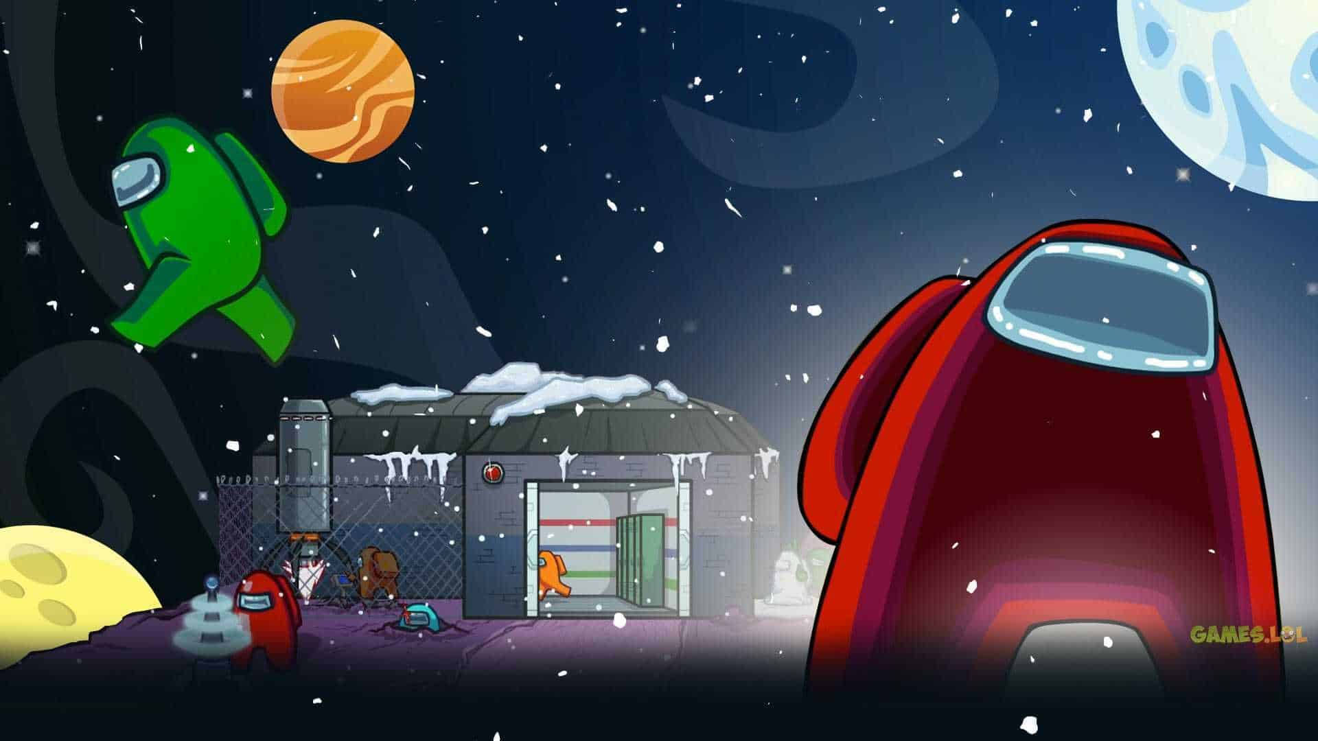 在一個被雪覆蓋的太空站外的綠色和紅色太空人的宇宙場景。 — Among US 壁紙