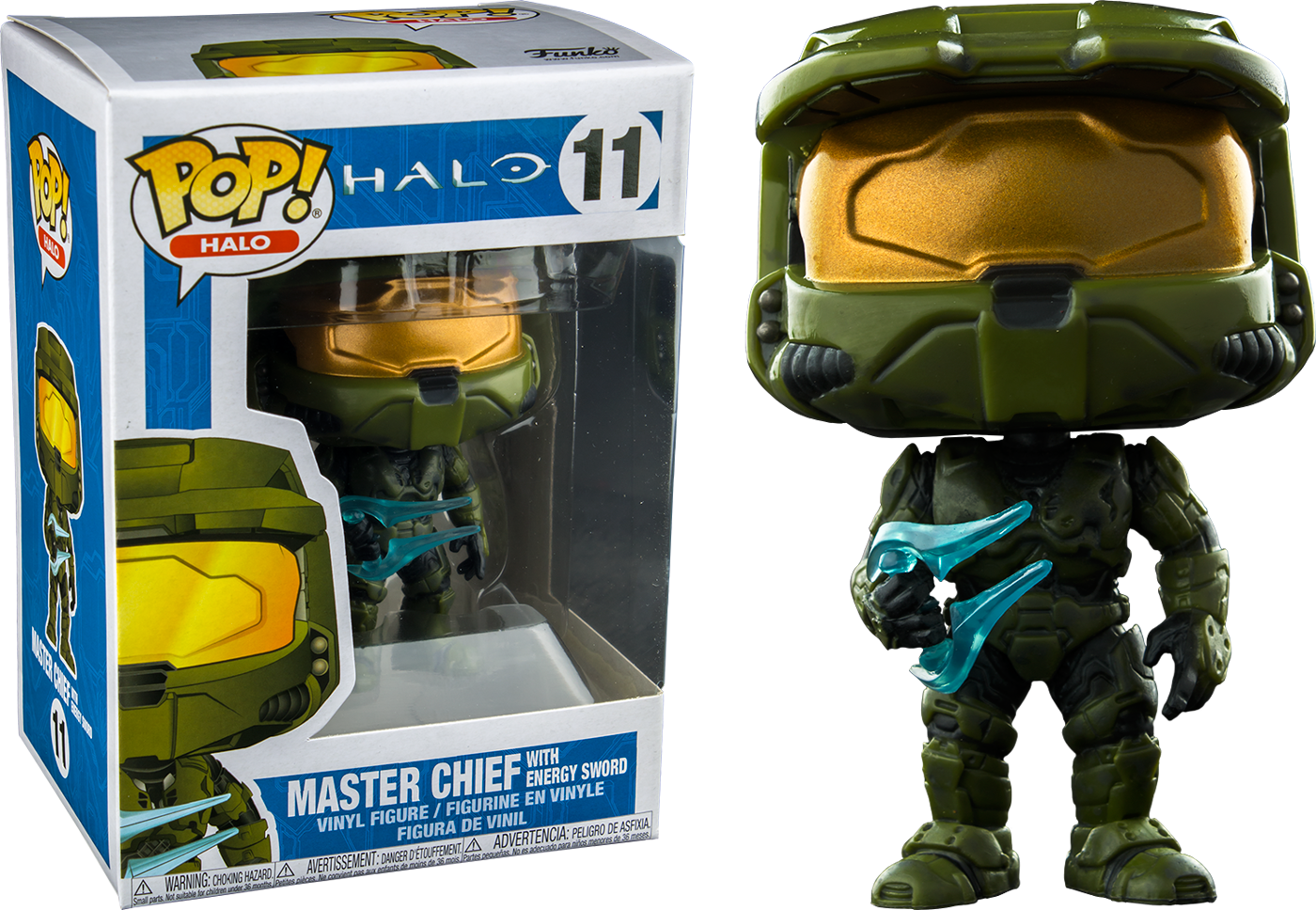 Funko Pop 桌布 壁紙 — 一個綠色和金色的 Master Chief Funko Pop! 乙烯基人偶，手持發光藍色能量劍，旁邊是其收藏盒。