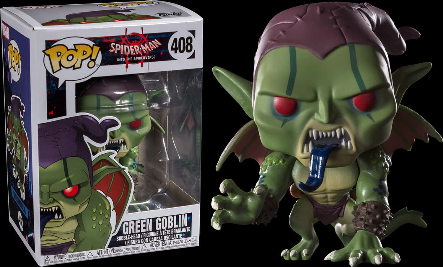 綠惡魔 桌布 壁紙 — 一個綠色哥布林 Funko Pop! 乙烯基公仔，紅色眼睛和藍色舌頭，站在其收藏盒旁邊，背景為黑色。